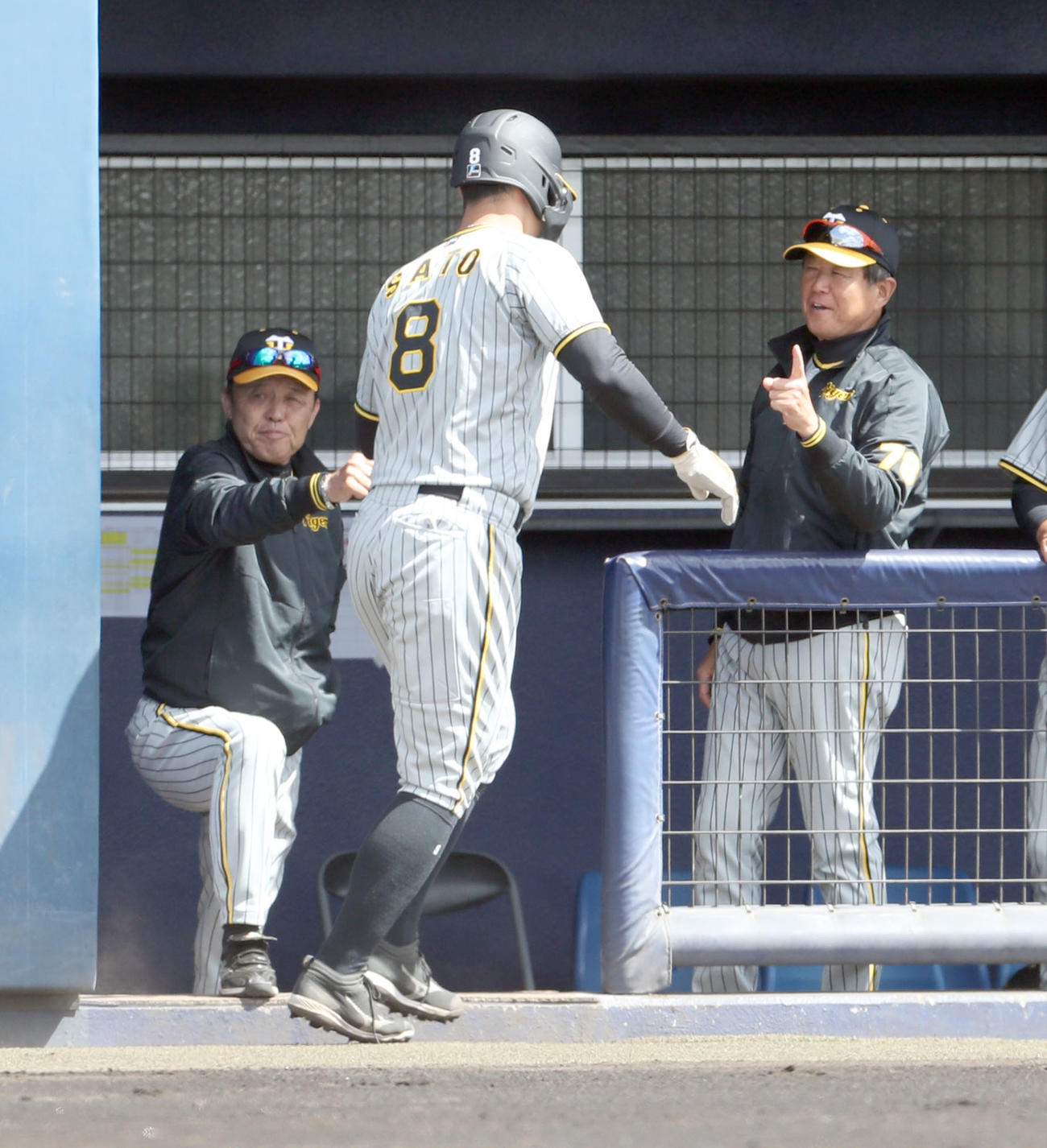 日本ハム対阪神　1回表阪神2死三塁、岡田監督はミエセスの左前適時打で生還した佐藤輝を出迎える（撮影・佐藤翔太）