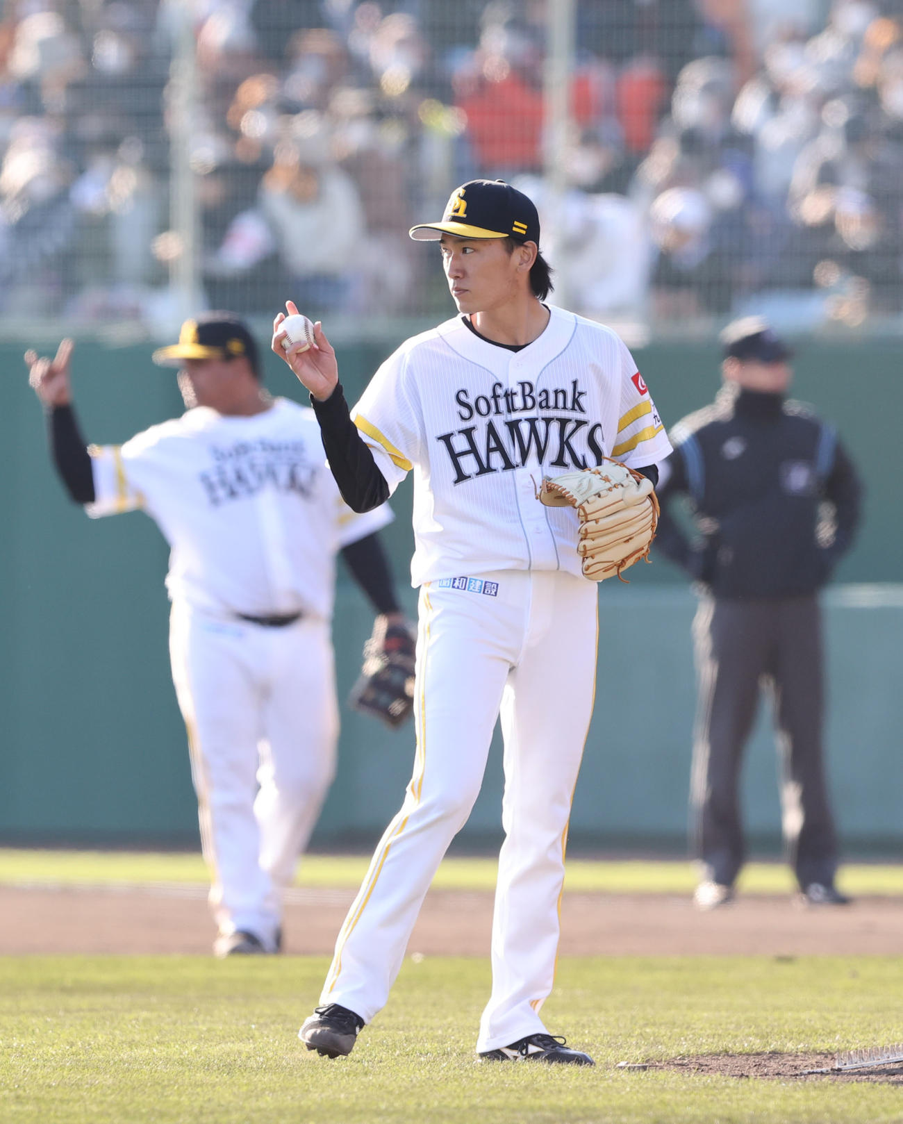 ソフトバンク対侍ジャパン　3番手として登板した大津亮介（撮影・梅根麻紀）