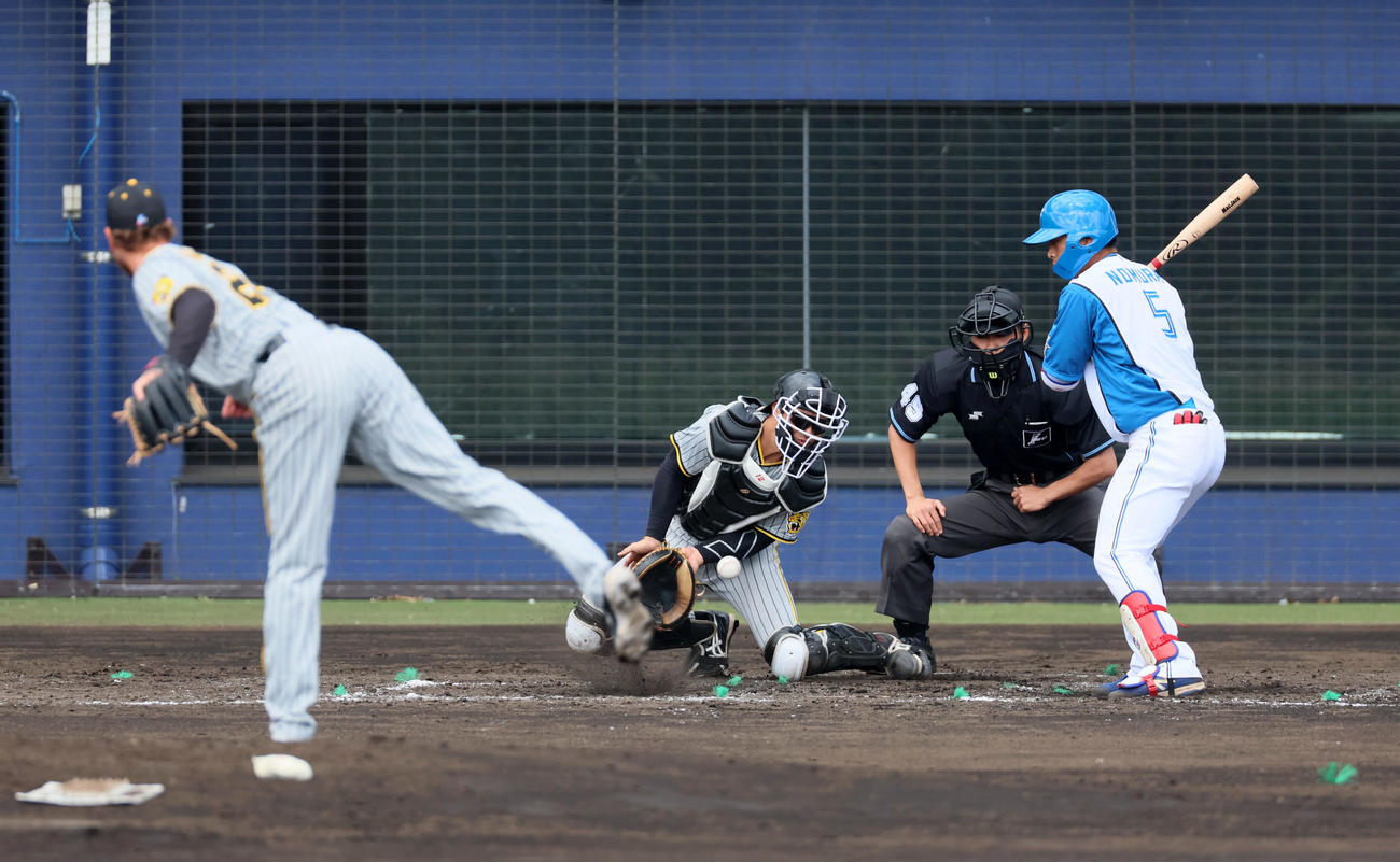 3回裏日本ハム1死二、三塁、打者野村の時、暴投するB・ケラー。捕手は坂本（撮影・加藤哉）