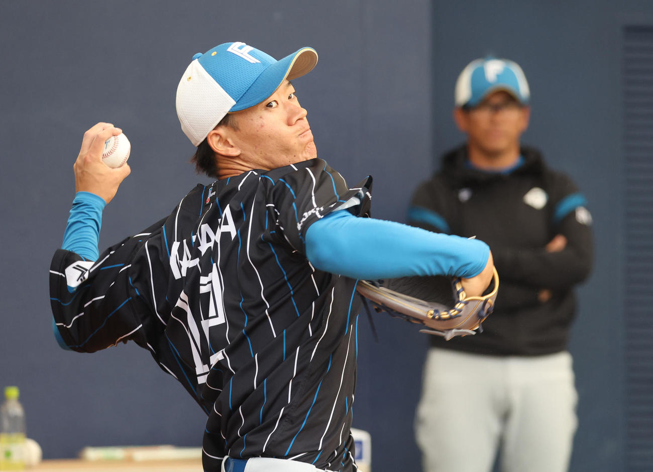ブルペンで投球練習をする日本ハム矢沢（撮影・佐藤翔太）