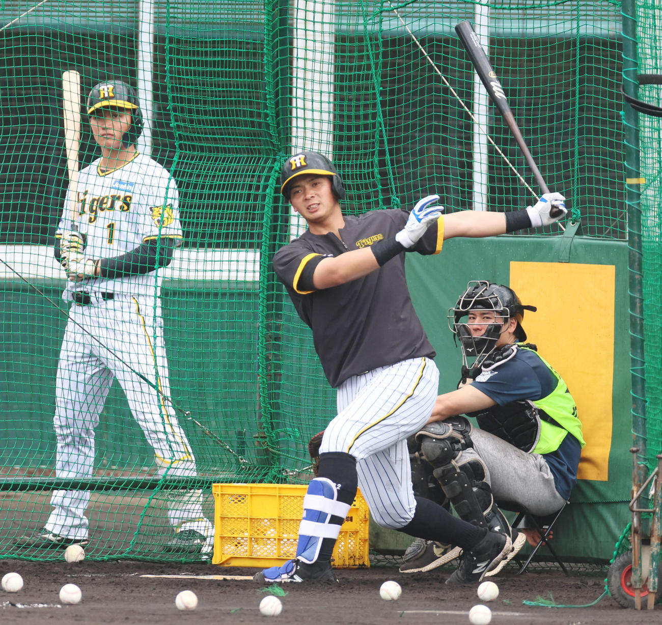 打撃練習を行う井上広大。左は森下翔太（撮影・加藤哉）