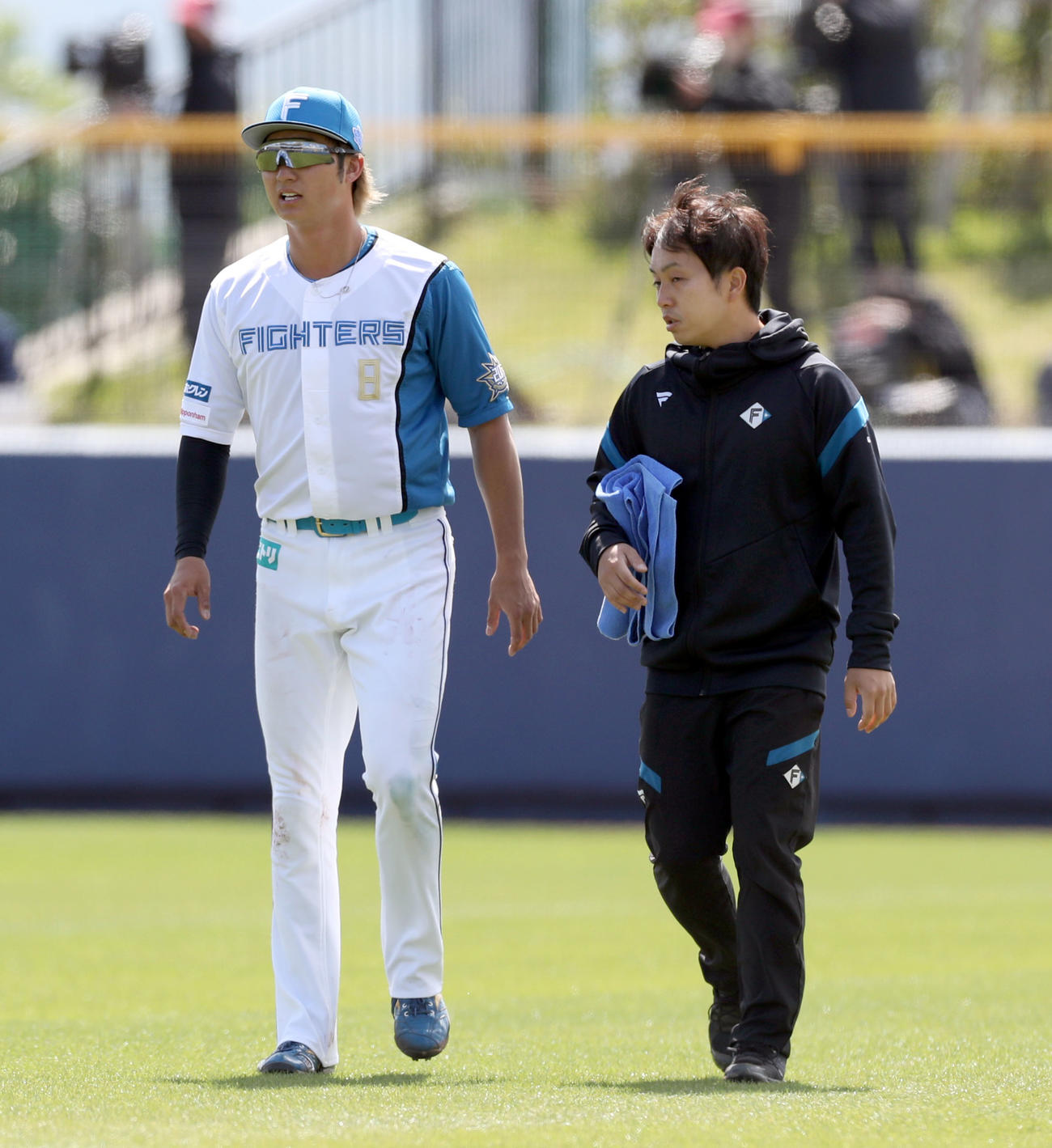 26日、日本ハム対阪神　フェンスに激突しベンチに下がる浅間