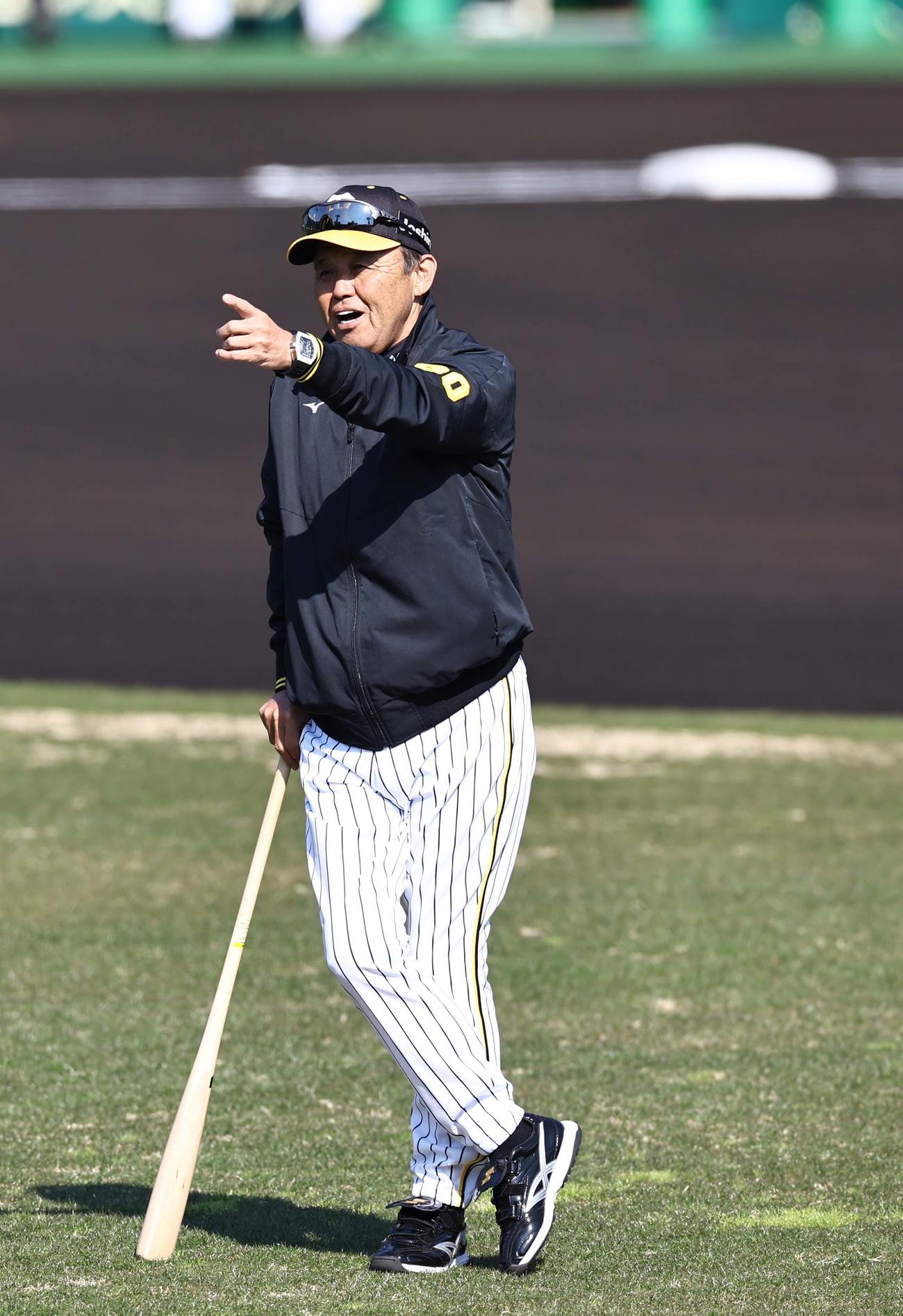 選手の動きをチェックする岡田監督（撮影・上田博志）