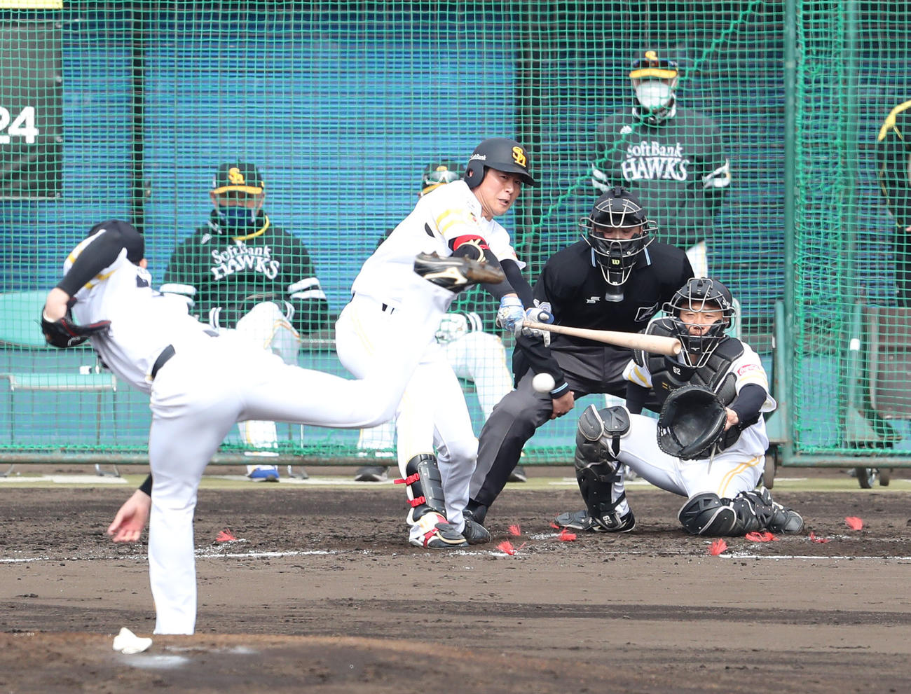 シート打撃で右前安打を放つ川村友斗（投手は高橋純平）（2022年2月7日撮影）