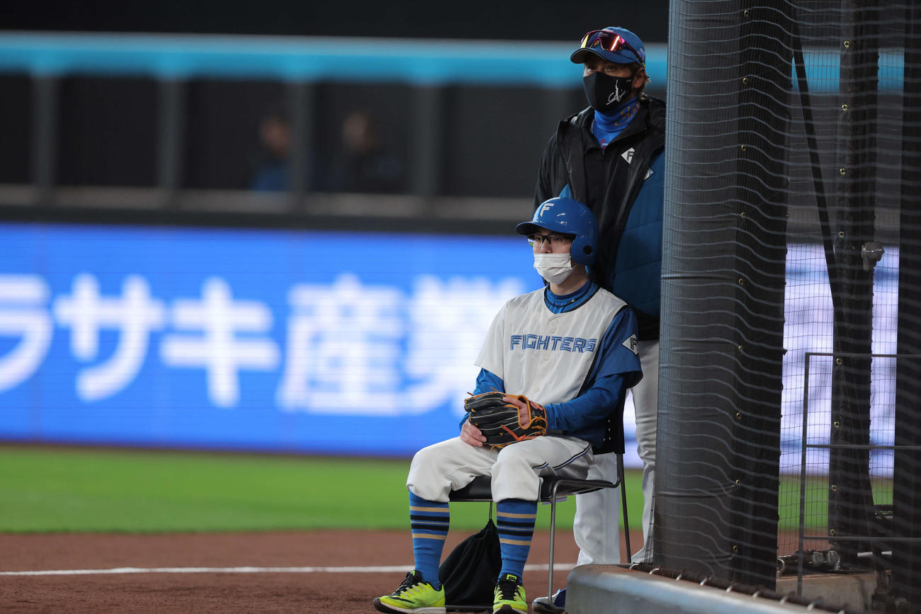 ボールボーイの後方から紅白戦を見つめる日本ハム新庄監督（球団提供）