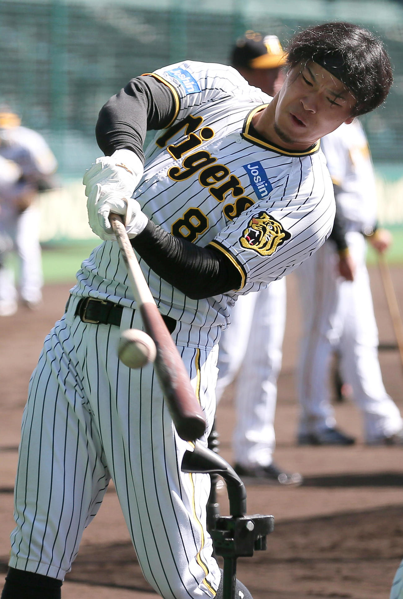 ティー打撃する佐藤輝（撮影・上山淳一）
