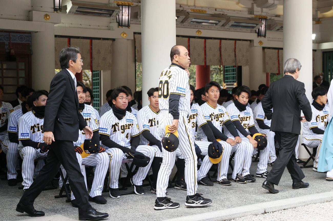 西宮神社で必勝祈願する岡田監督（手前中央）ら阪神ナイン（撮影・上山淳一）