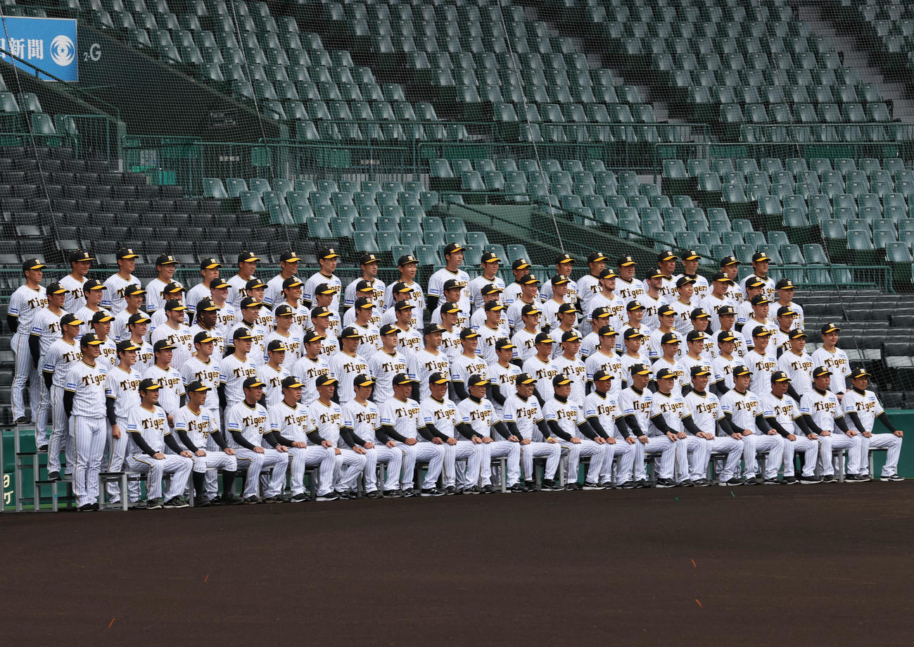 甲子園球場で球団の写真撮影を行う阪神ナイン（撮影・上山淳一）