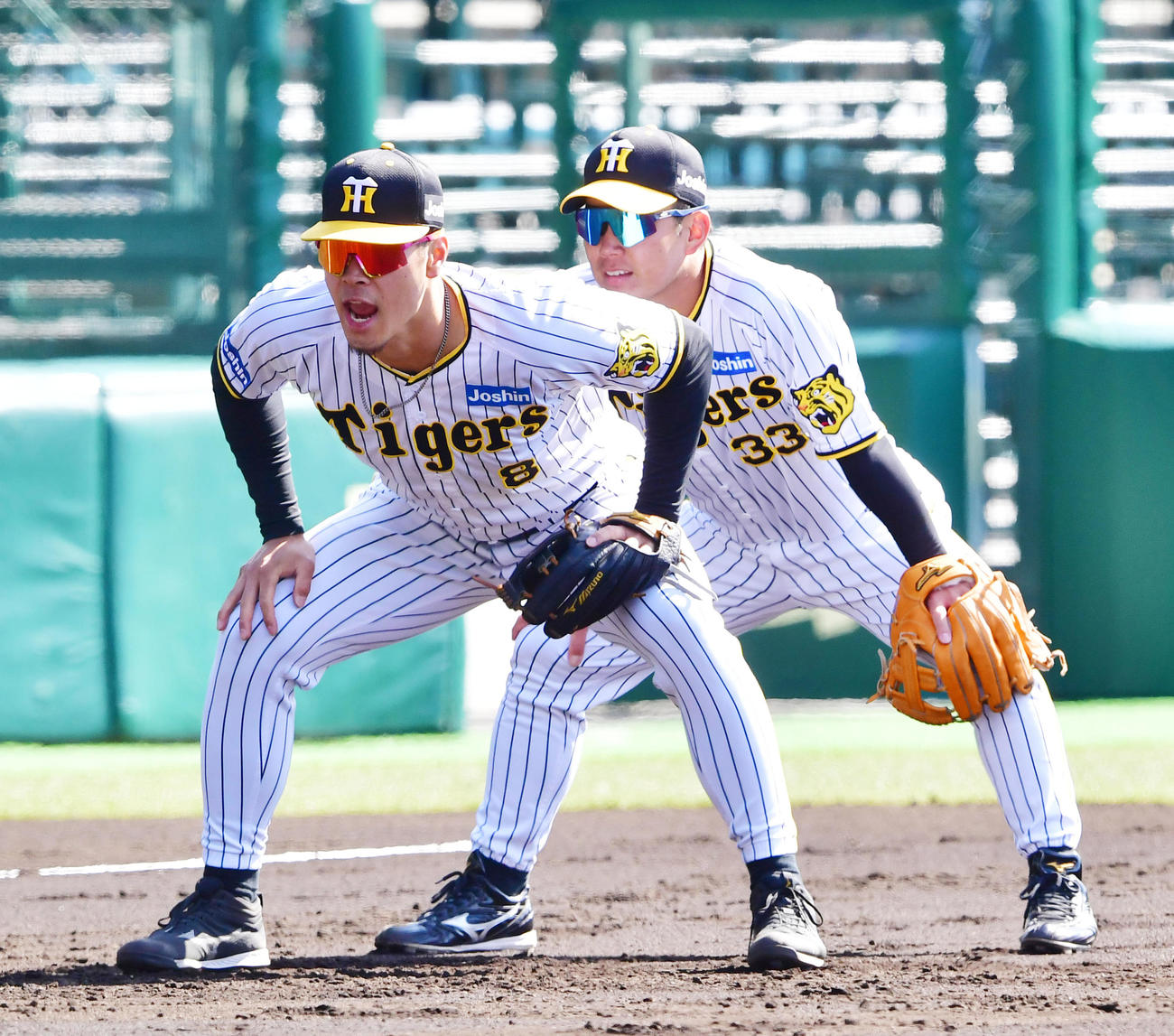 シートノックを受ける佐藤輝（左）と糸原（撮影・前岡正明）