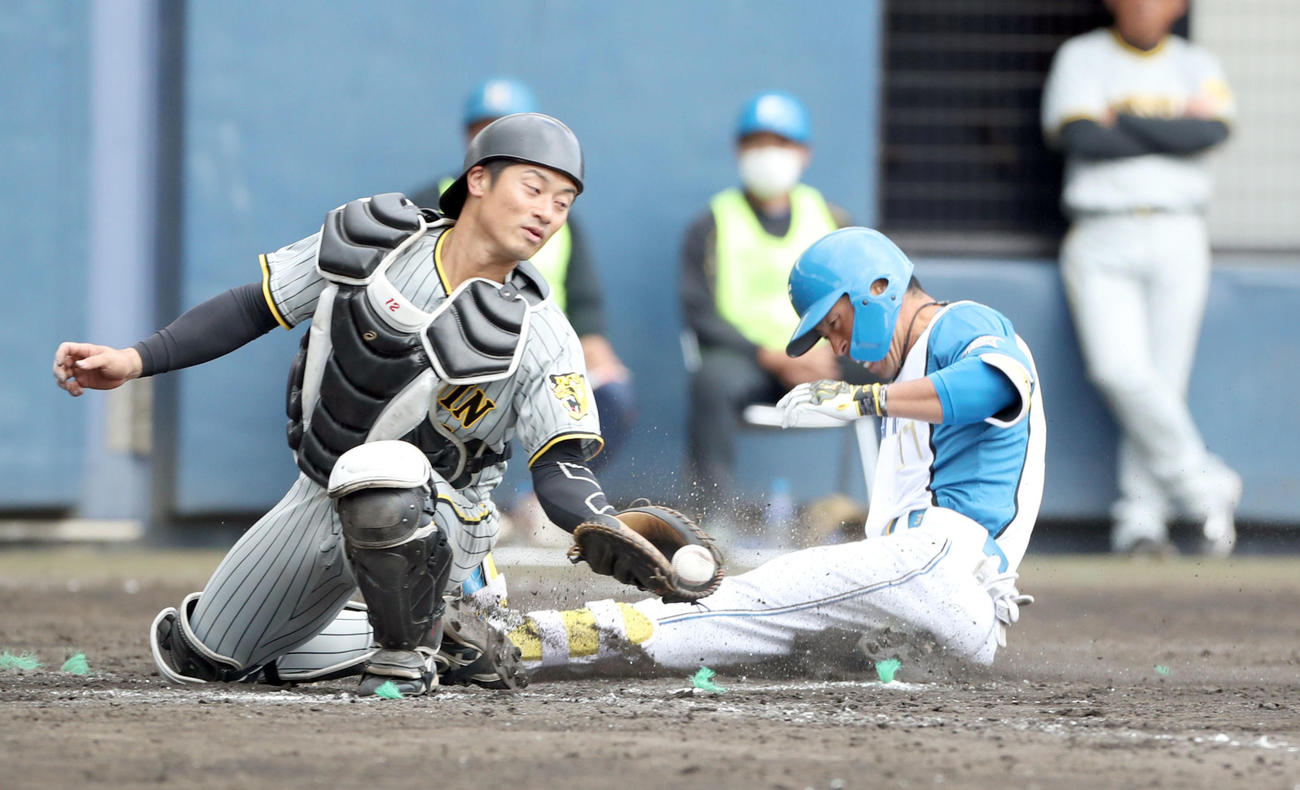 阪神戦の7回裏日本ハム1死一、二塁、江越は逆転となる適時二塁打を放ち、小幡の悪送球の間に生還する
