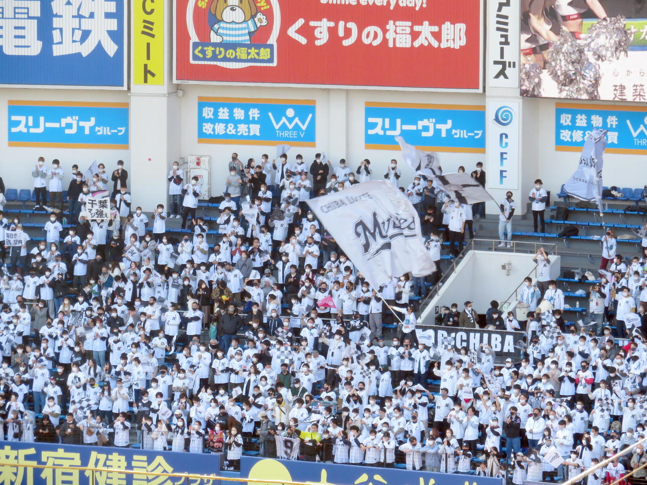 声援を送る外野席のロッテの応援団（撮影・鎌田直秀）
