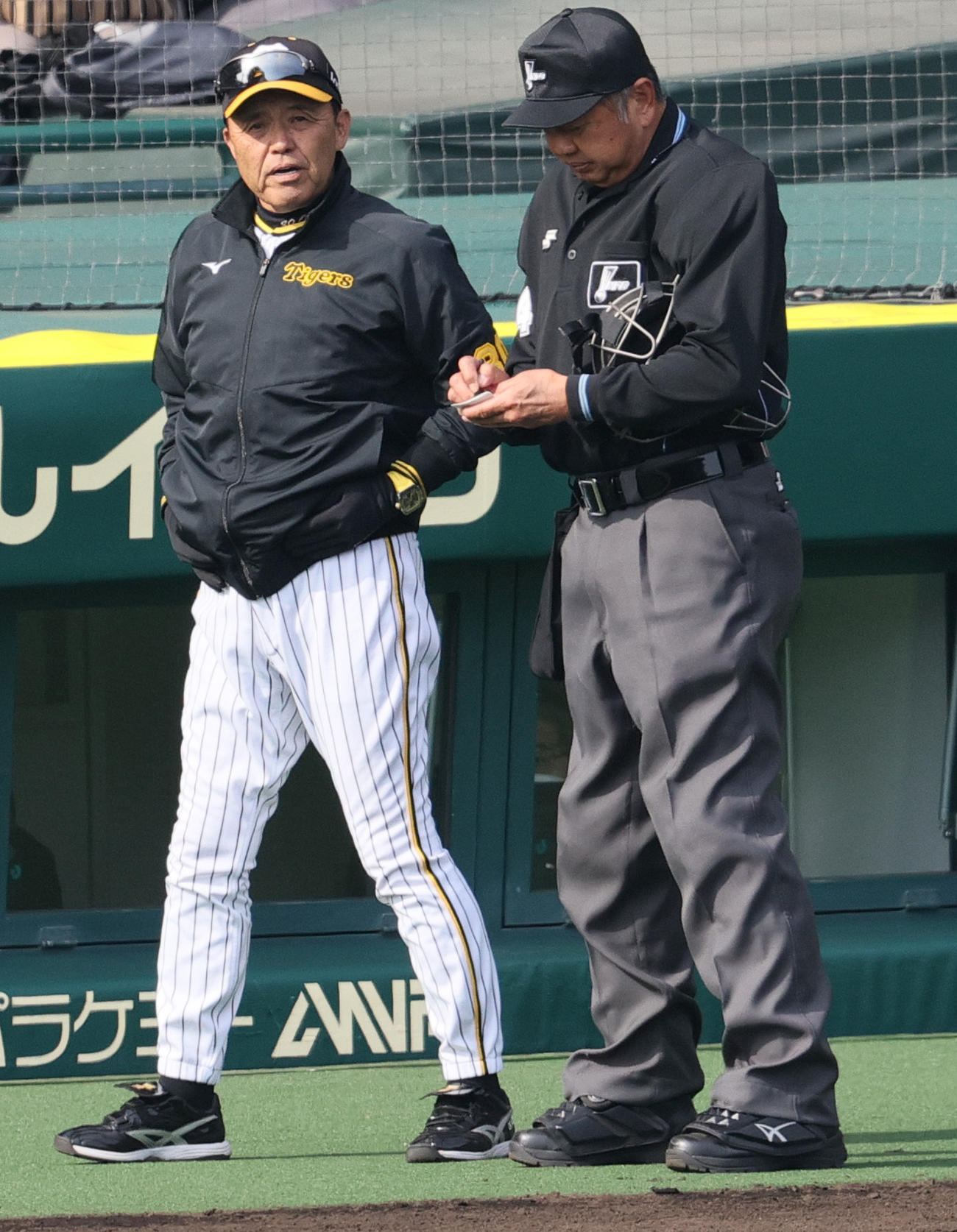 オープン戦・阪神対オリックス　4回終了後、岡田監督（左）は主審に選手交代を告げる（撮影・上山淳一）