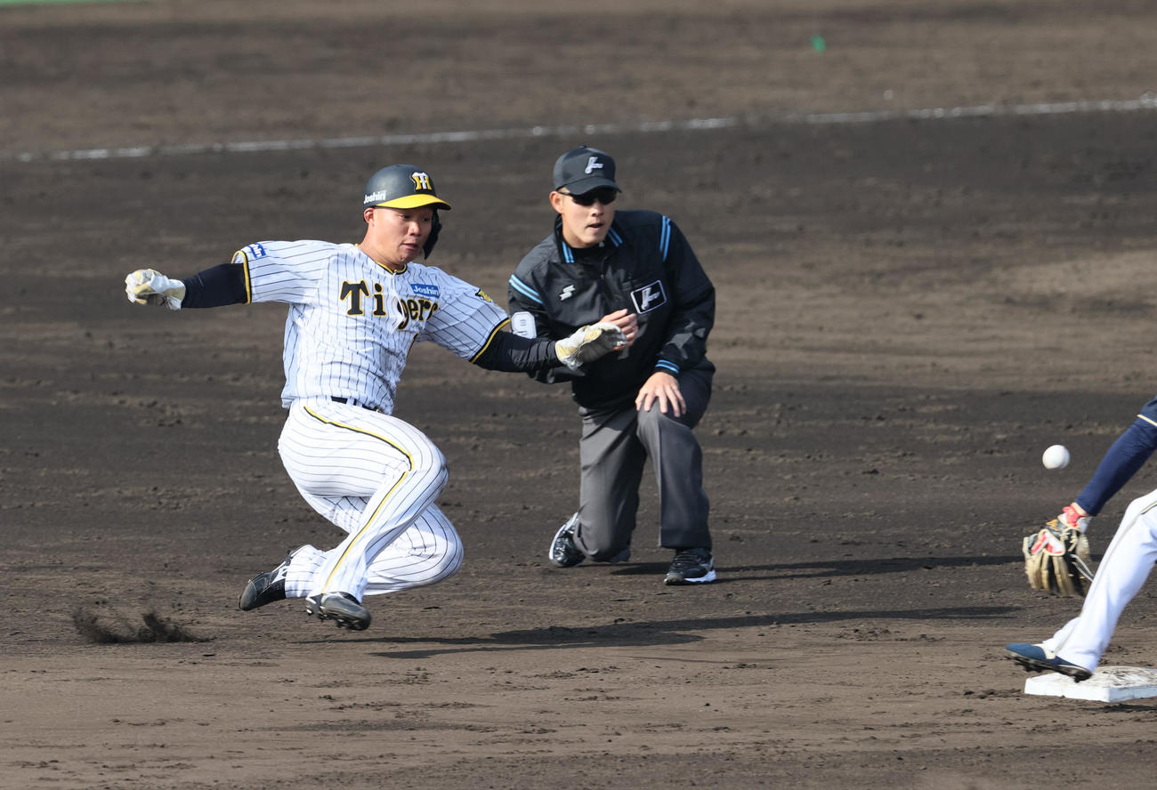 オープン戦・阪神対オリックス　5回裏阪神1死一塁、佐藤輝の三振の時、森下（左）は二盗を決める（撮影・上山淳一）