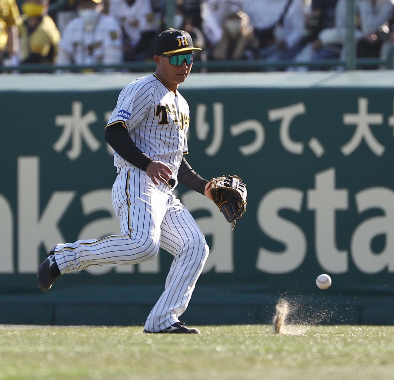 阪神対オリックス　6回表オリックス1死、森下は紅林の打球処理でもたつく（撮影・上田博志）