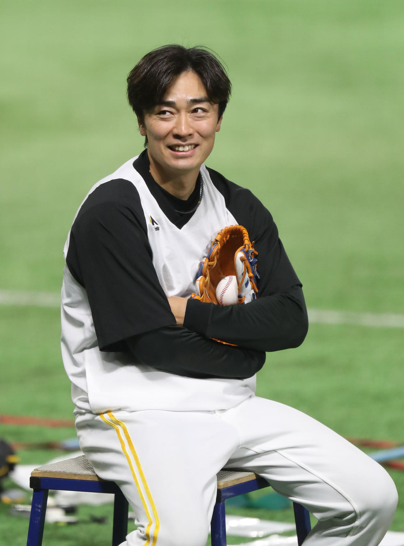 練習中に笑顔を見せる和田（撮影・屋方直哉）