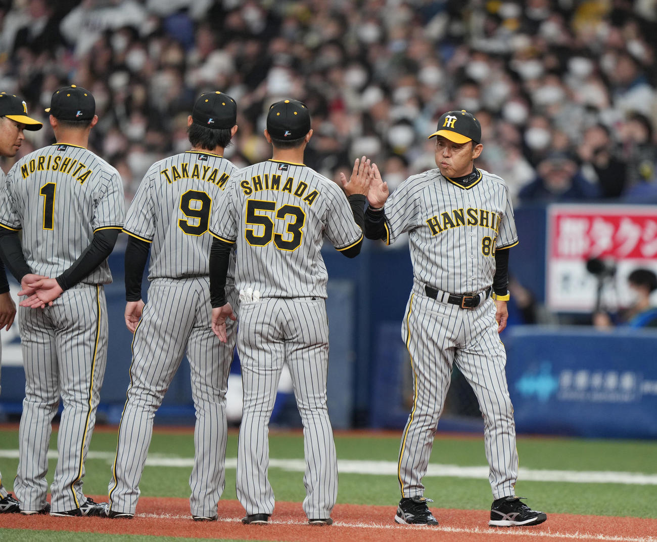 阪神対侍ジャパン　試合前セレモニーでグラウンドに登場し、島田（右から2人目）ら選手とタッチを交わす岡田監督（撮影・狩俣裕三）