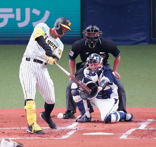 阪神対韓国代表　2回裏阪神無死、二ゴロに倒れる佐藤輝（撮影・江口和貴）