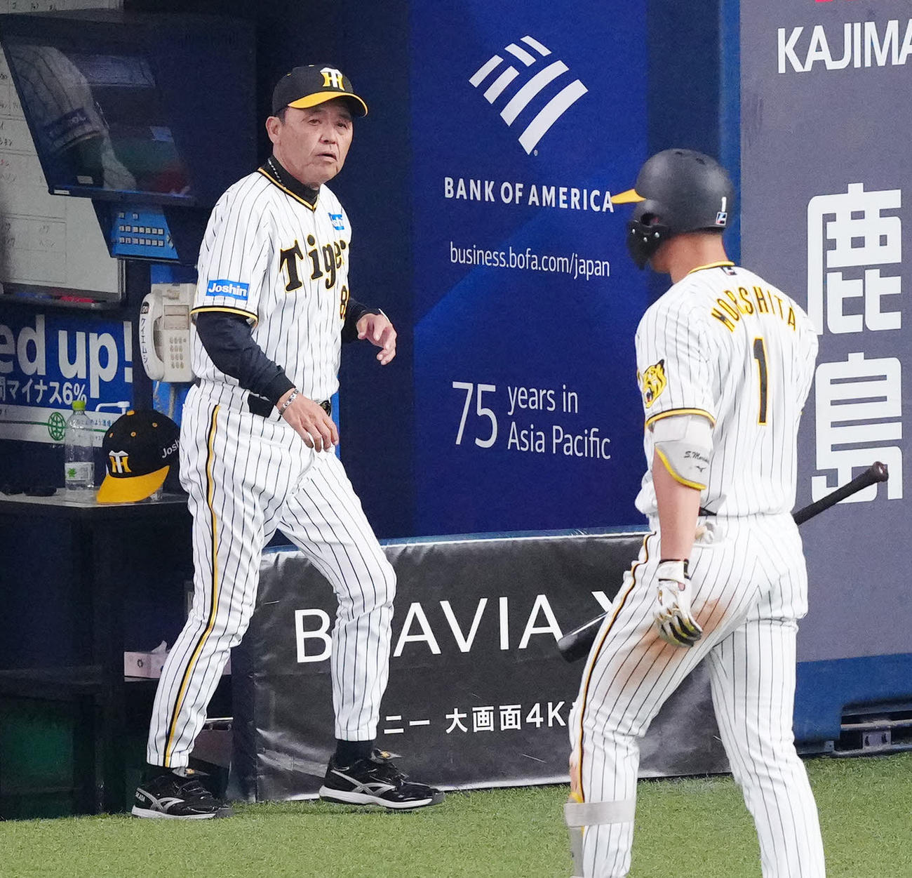 阪神対韓国代表　7回裏終了後、選手交代を告げに向かう阪神岡田監督（左）（撮影・江口和貴）