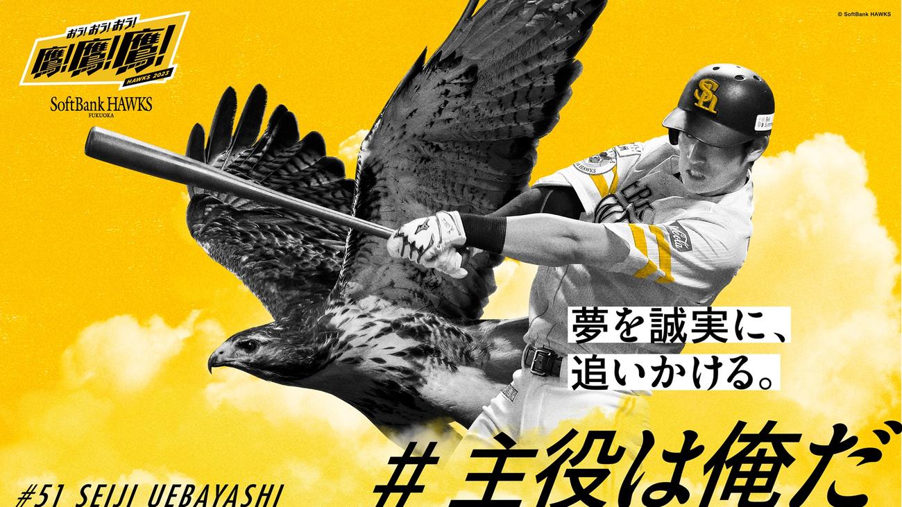 博多駅等に掲出される、「#主役は俺だ」でファンに選出された上林のビジュアル（C）SoftBank HAWKS