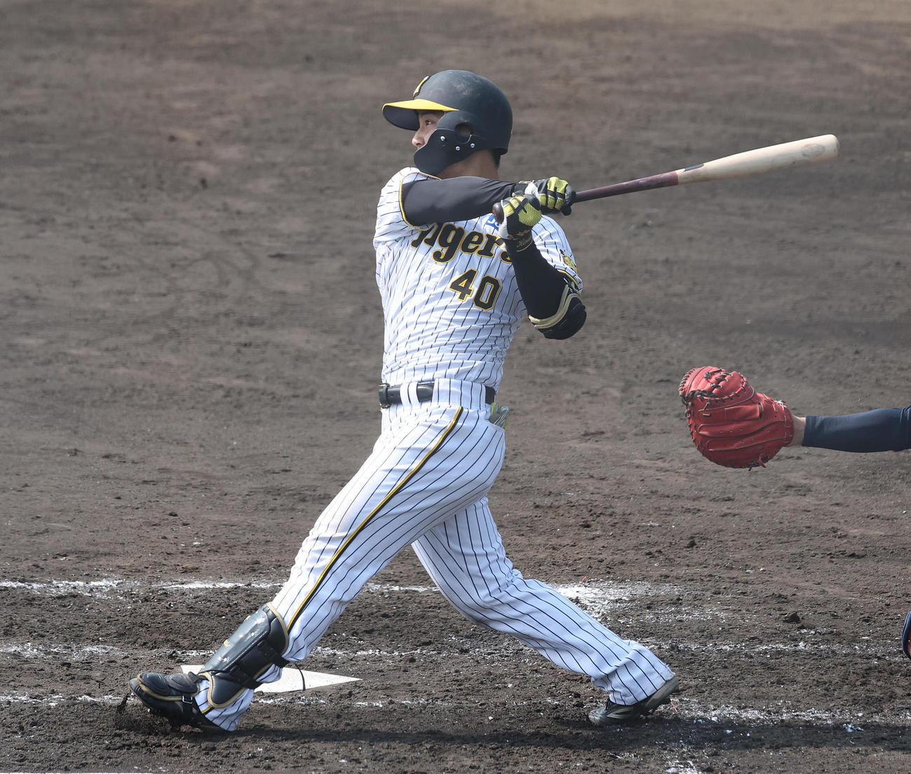 阪神対立命大　2回裏阪神無死一、二塁、井坪は左中間に2点適時打を放つ（撮影・白石智彦）
