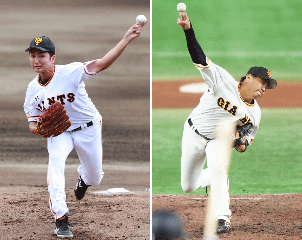 巨人横川凱（左）と堀岡隼人