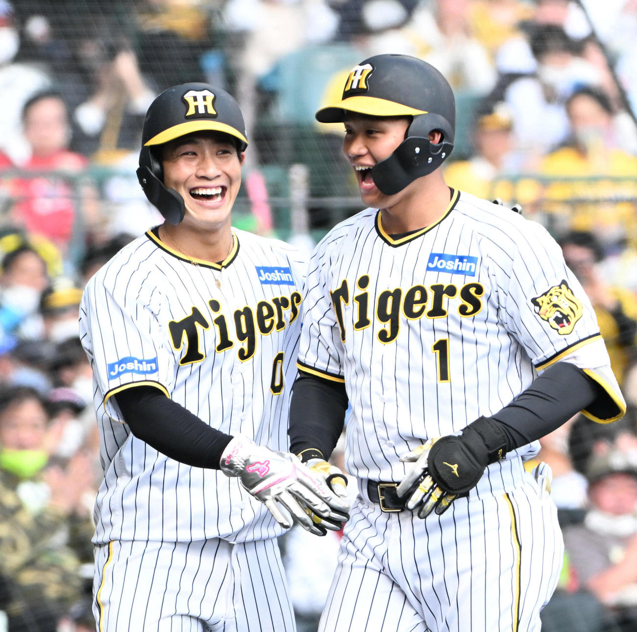 阪神対日本ハム　3回裏阪神無死二塁、2点本塁打を放ち阪神木浪（左）と喜ぶ阪神森下（右）（撮影・石井愛子）