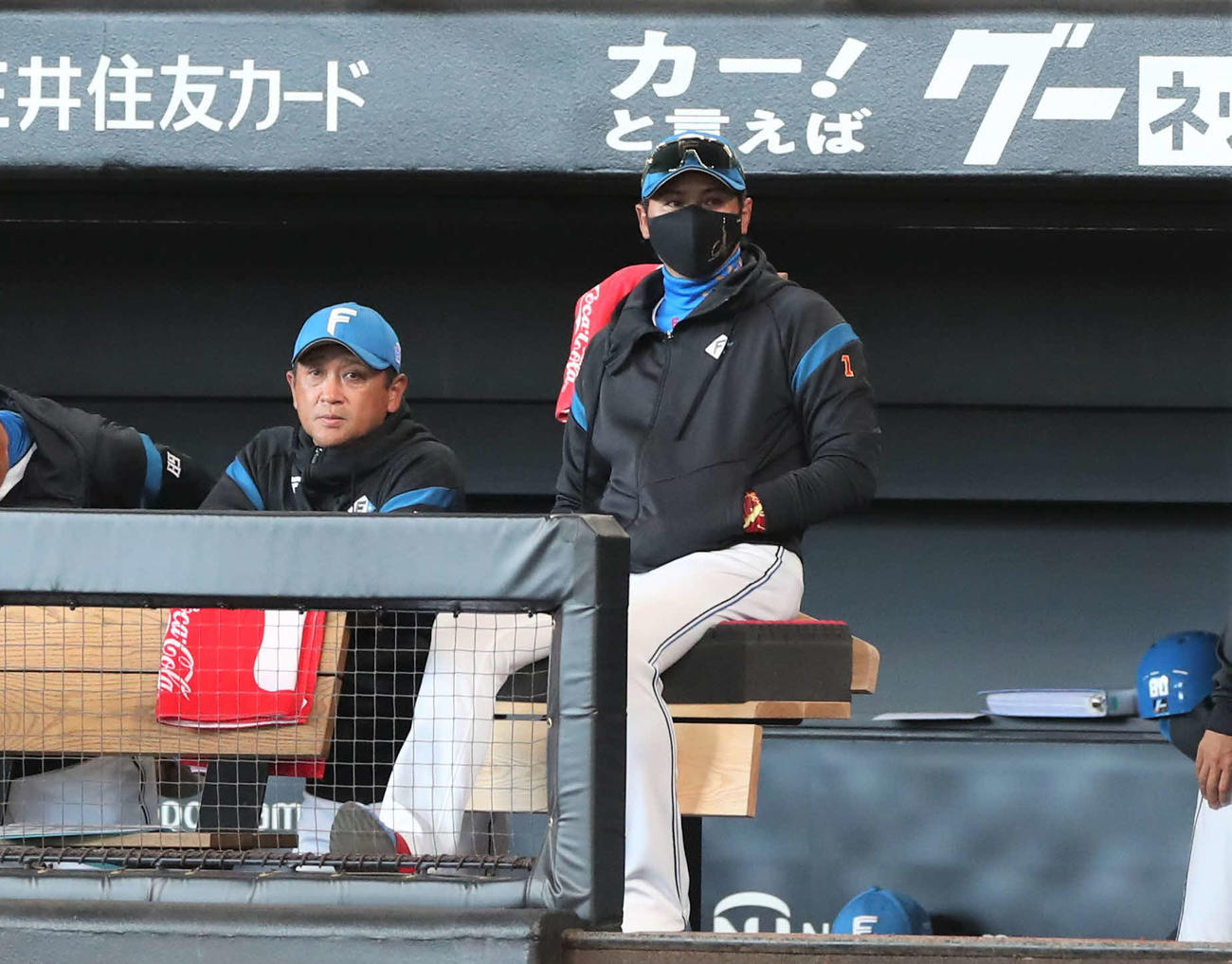 日本ハム対西武　ベンチで試合を見守る日本ハム新庄監督（右）（撮影・黒川智章）