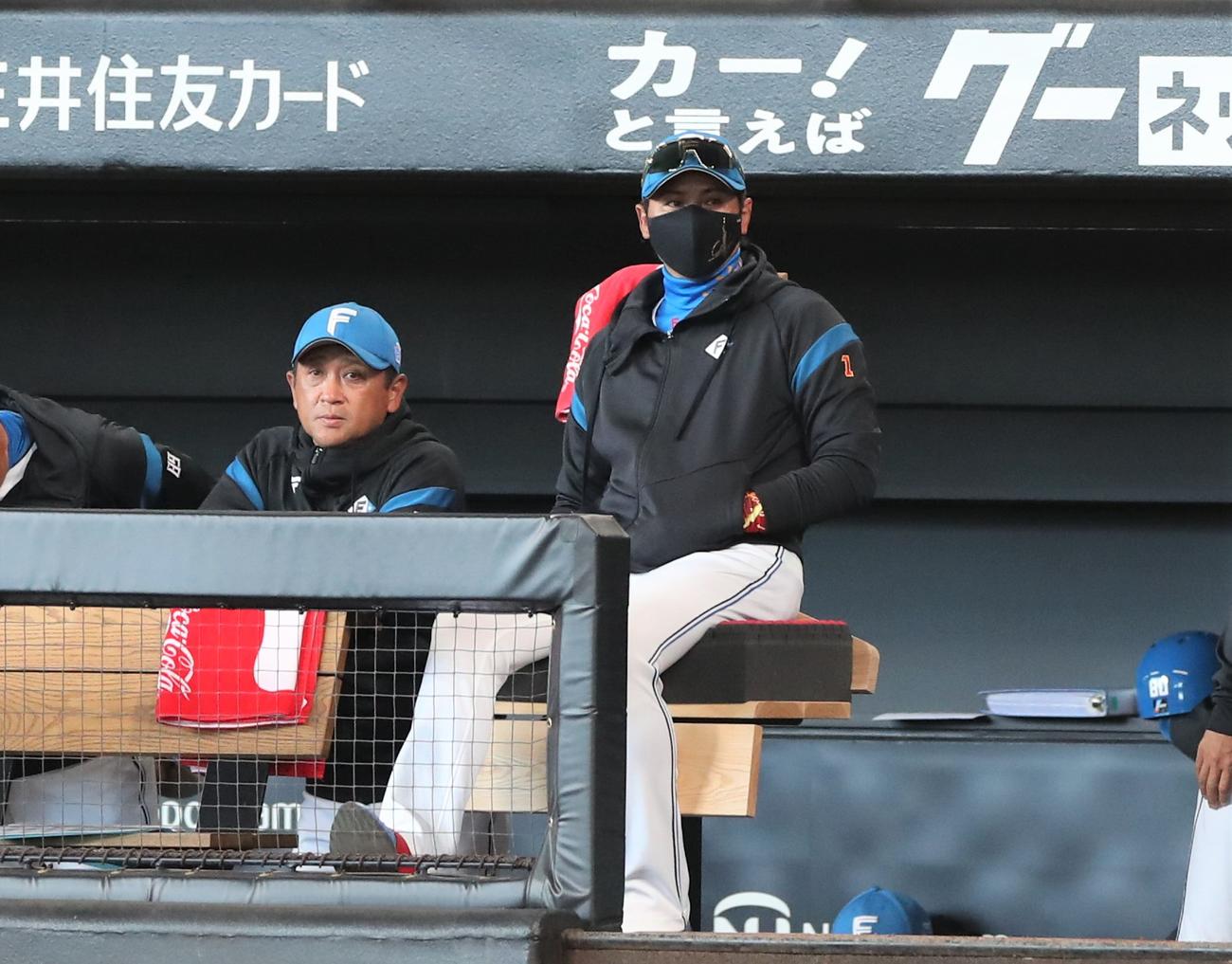 日本ハム対西武　ベンチで試合を見守る日本ハム新庄監督（右）（撮影・黒川智章）