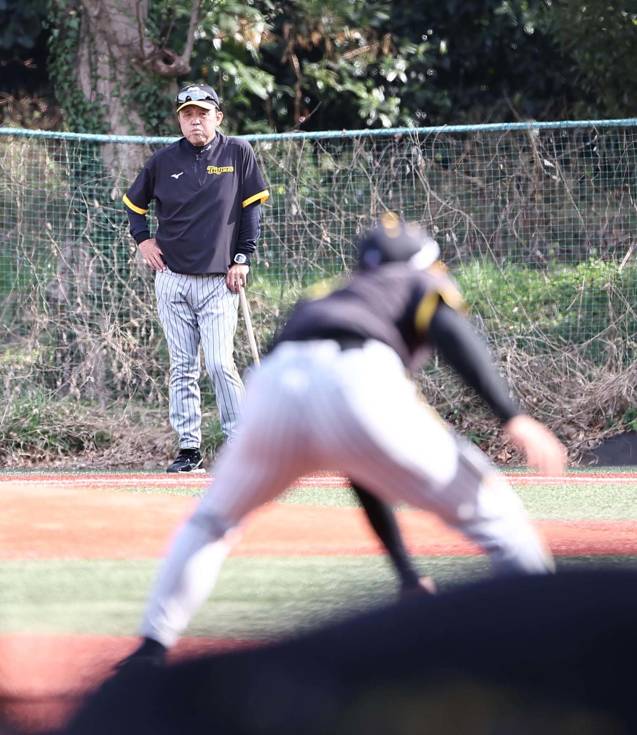 岡田監督（左）はノックを受ける佐藤輝の動きをチェックする（撮影・上田博志）