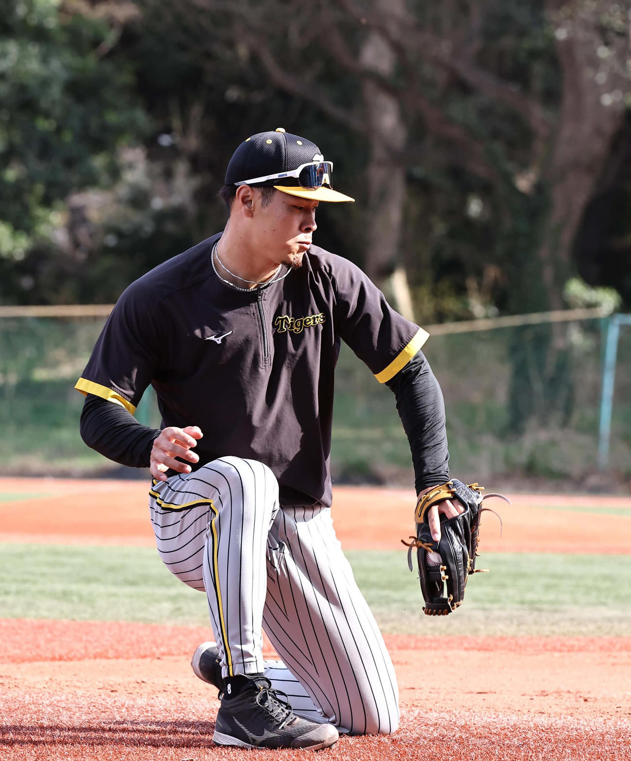 守備練習をする佐藤輝明（撮影・上田博志）