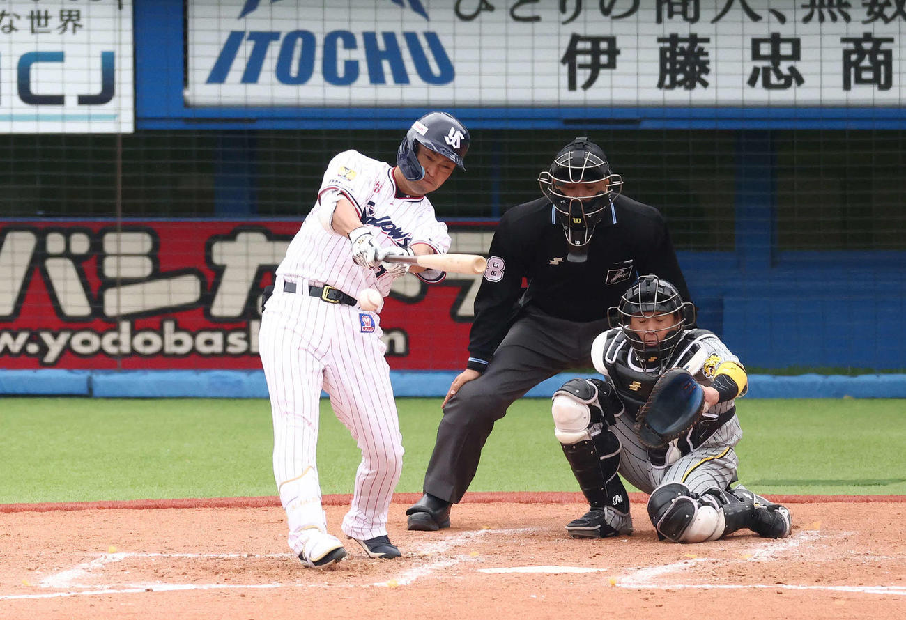 ヤクルト対阪神　3回裏ヤクルト2死、右前打を放つ青木。投手青柳（撮影・河田真司）