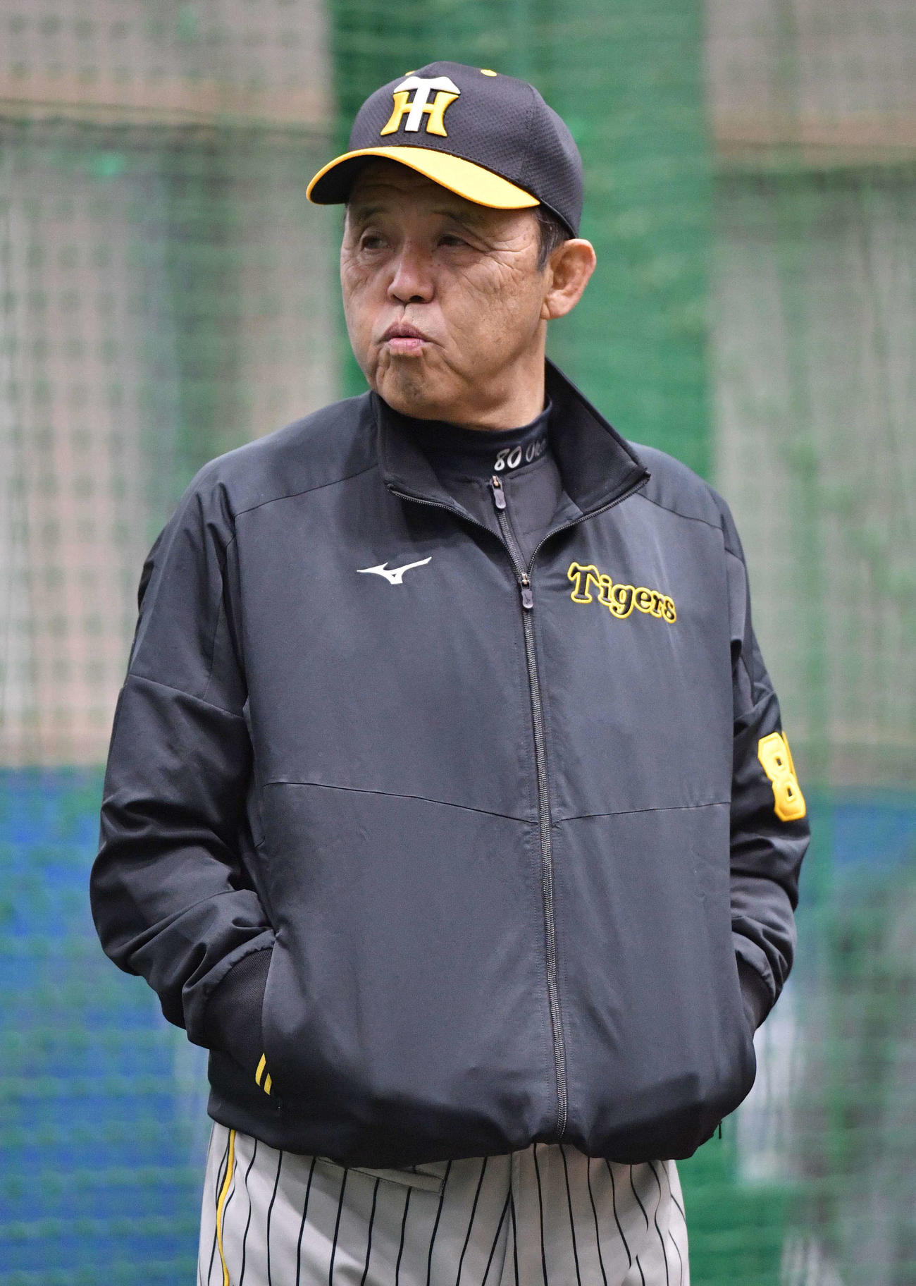 練習を見守る岡田監督（球団提供）