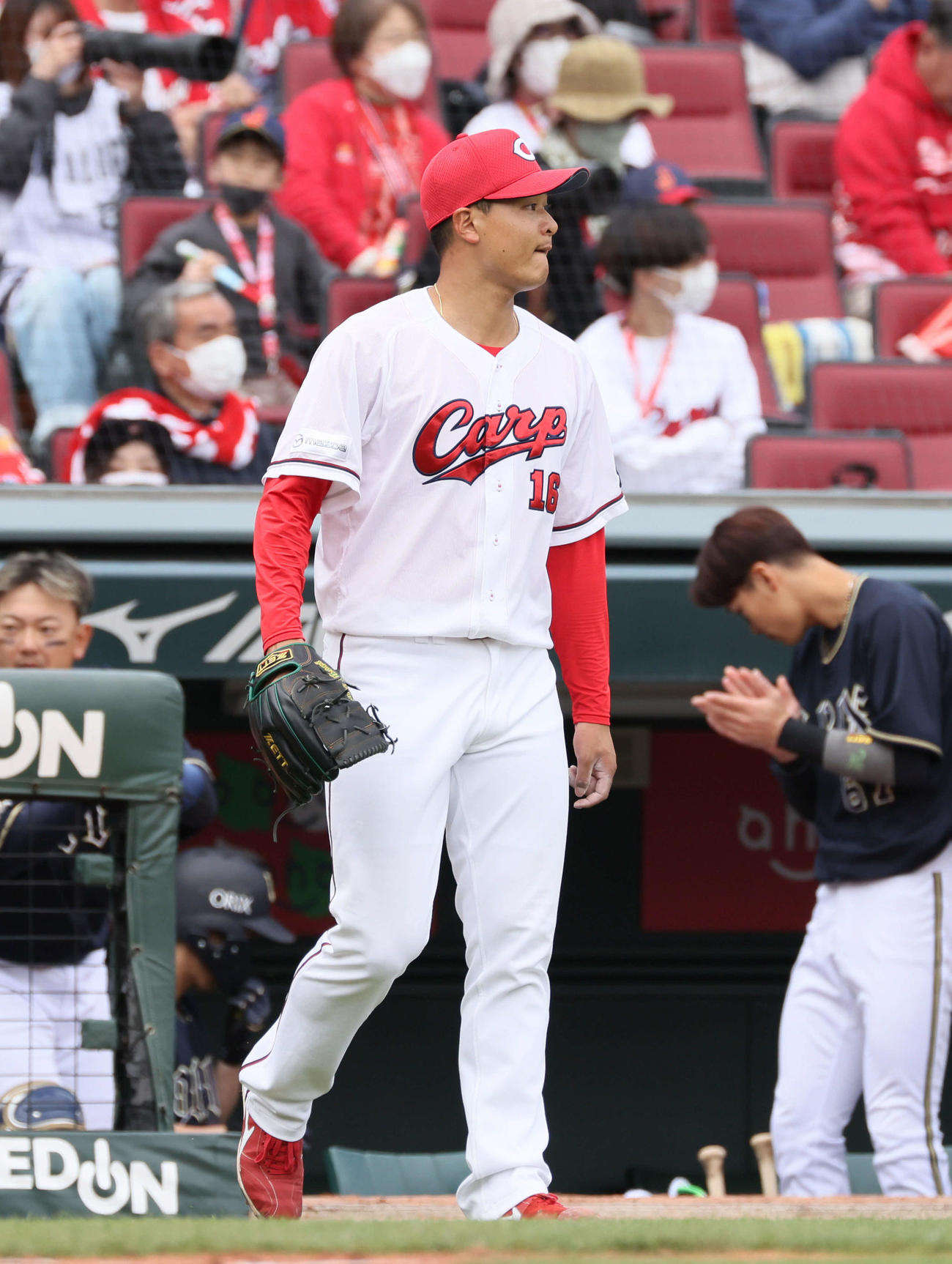 オープン戦広島対オリックス　4回表オリックス1死一塁、来田に同点中越え適時三塁打を浴びた森（撮影・加藤孝規）