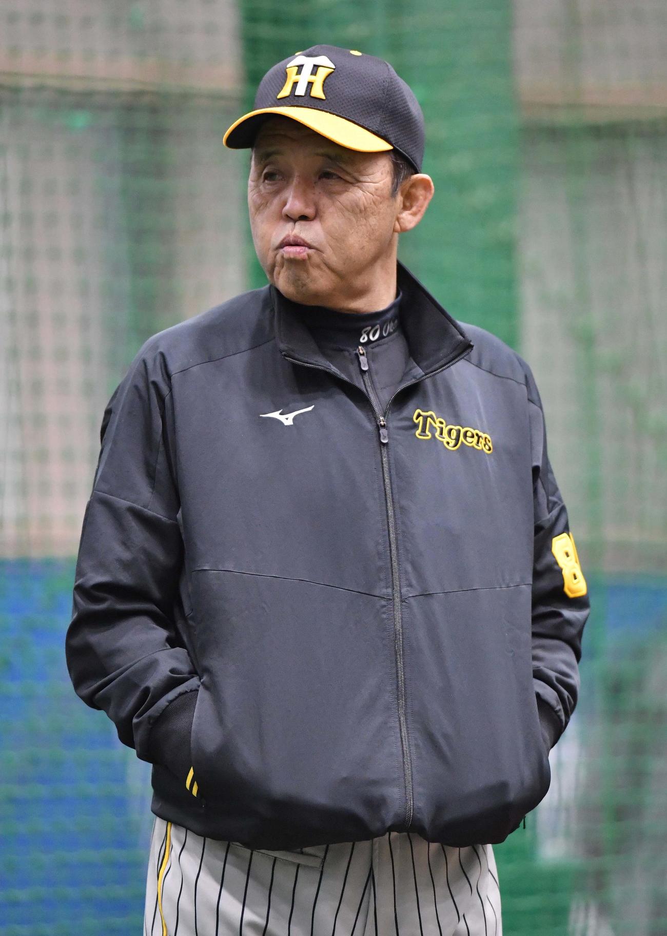 練習を見守る岡田監督（球団提供）
