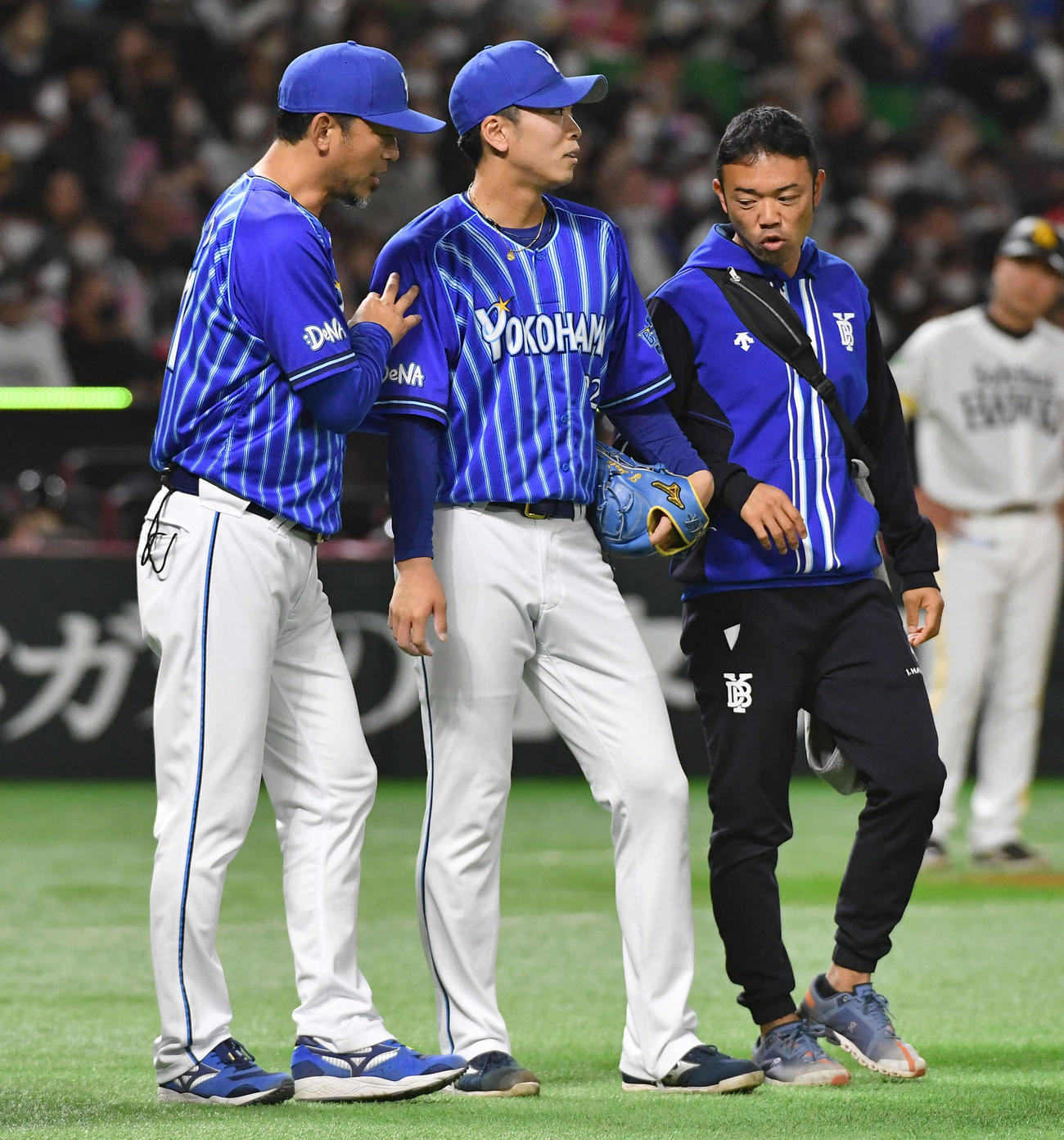 ソフトバンク対DeNA 6回裏ソフトバンク無死、中村晃の投手返しを腕に受けた入江（2023年3月18日）