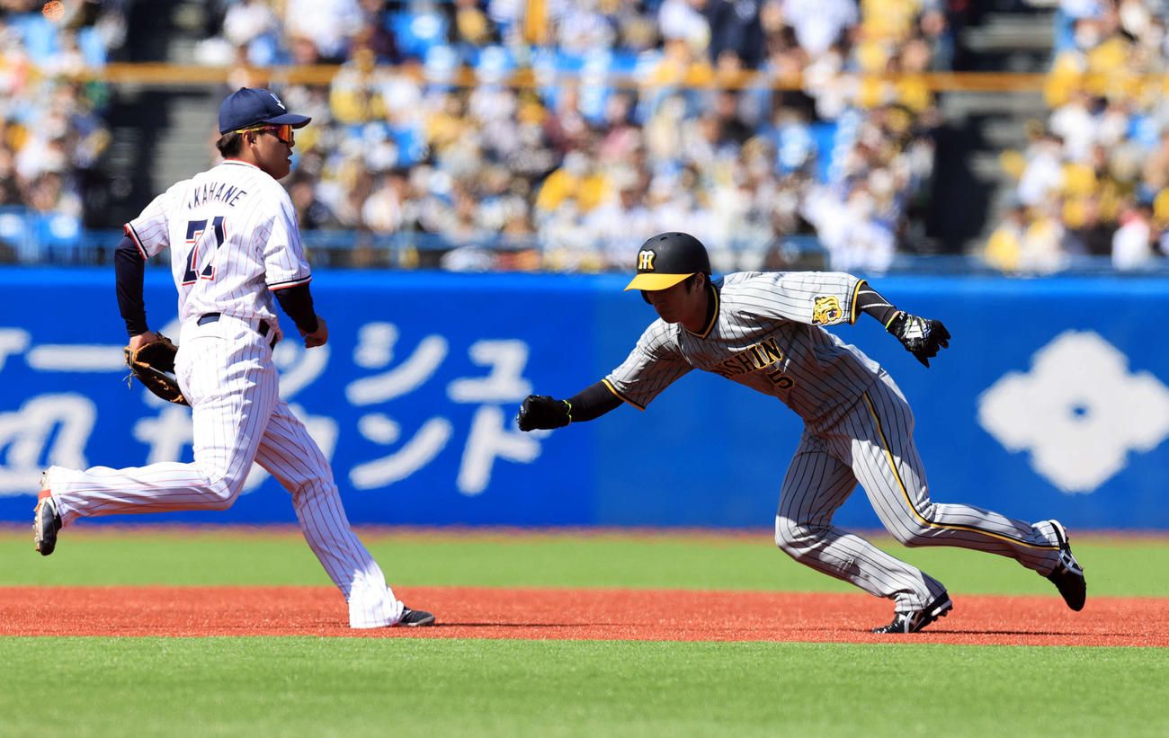 ヤクルト対阪神　1回表阪神無死二塁、森下の投ゴロで飛び出した近本（右）は二、三塁間で挟殺される（撮影・浅見桂子）