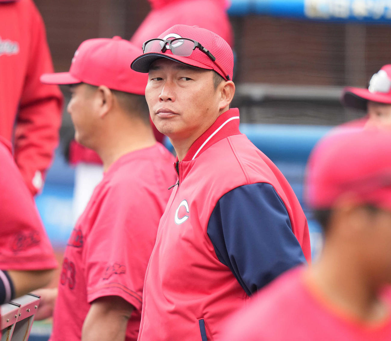 ロッテ対広島　ベンチで浮かない表情の広島新井監督（撮影・鈴木みどり）
