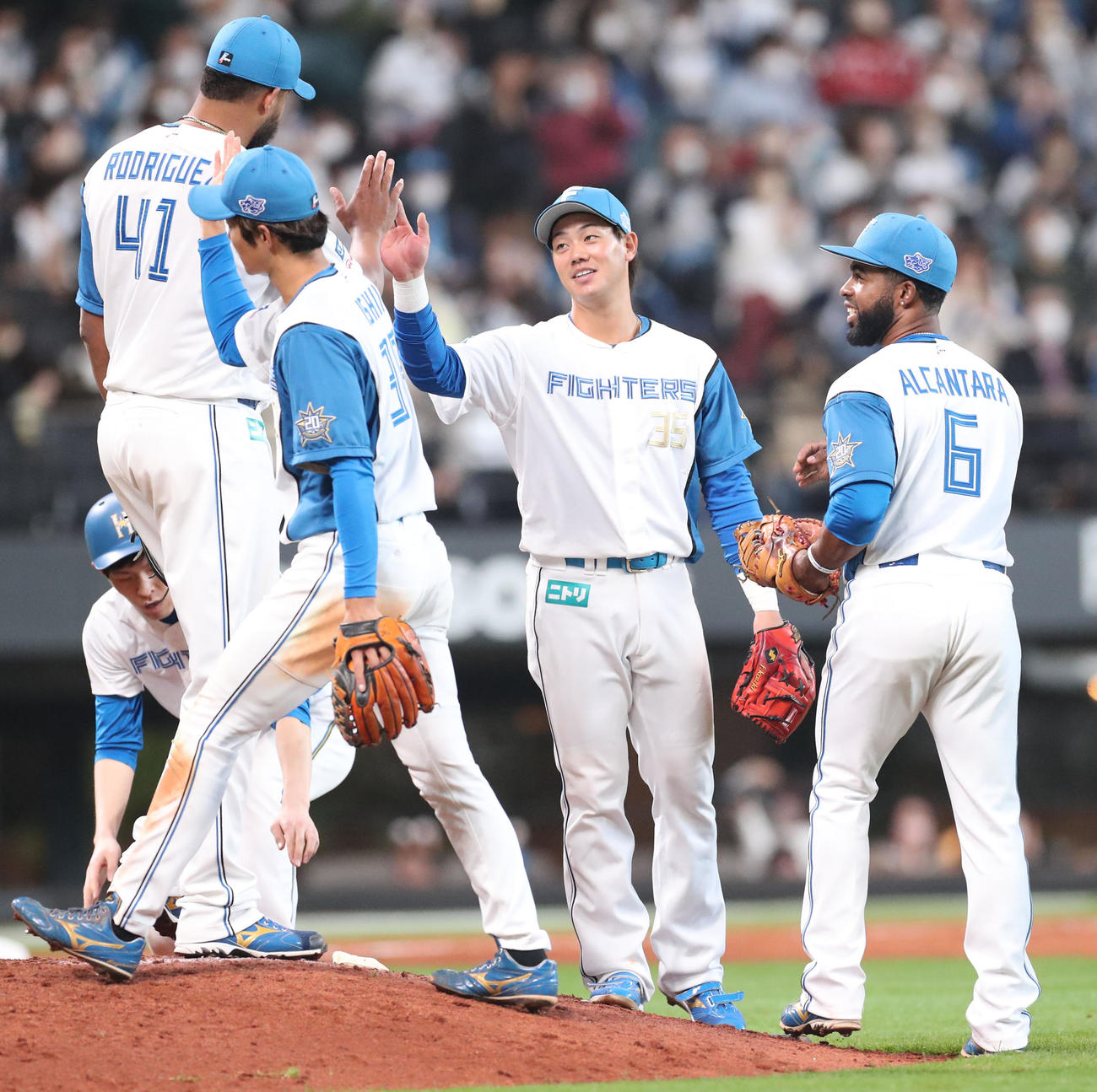 日本ハム対ソフトバンク　試合終了後、ナインとタッチを交わし勝利を喜ぶ福田光（右から2人目）（撮影・佐藤翔太）