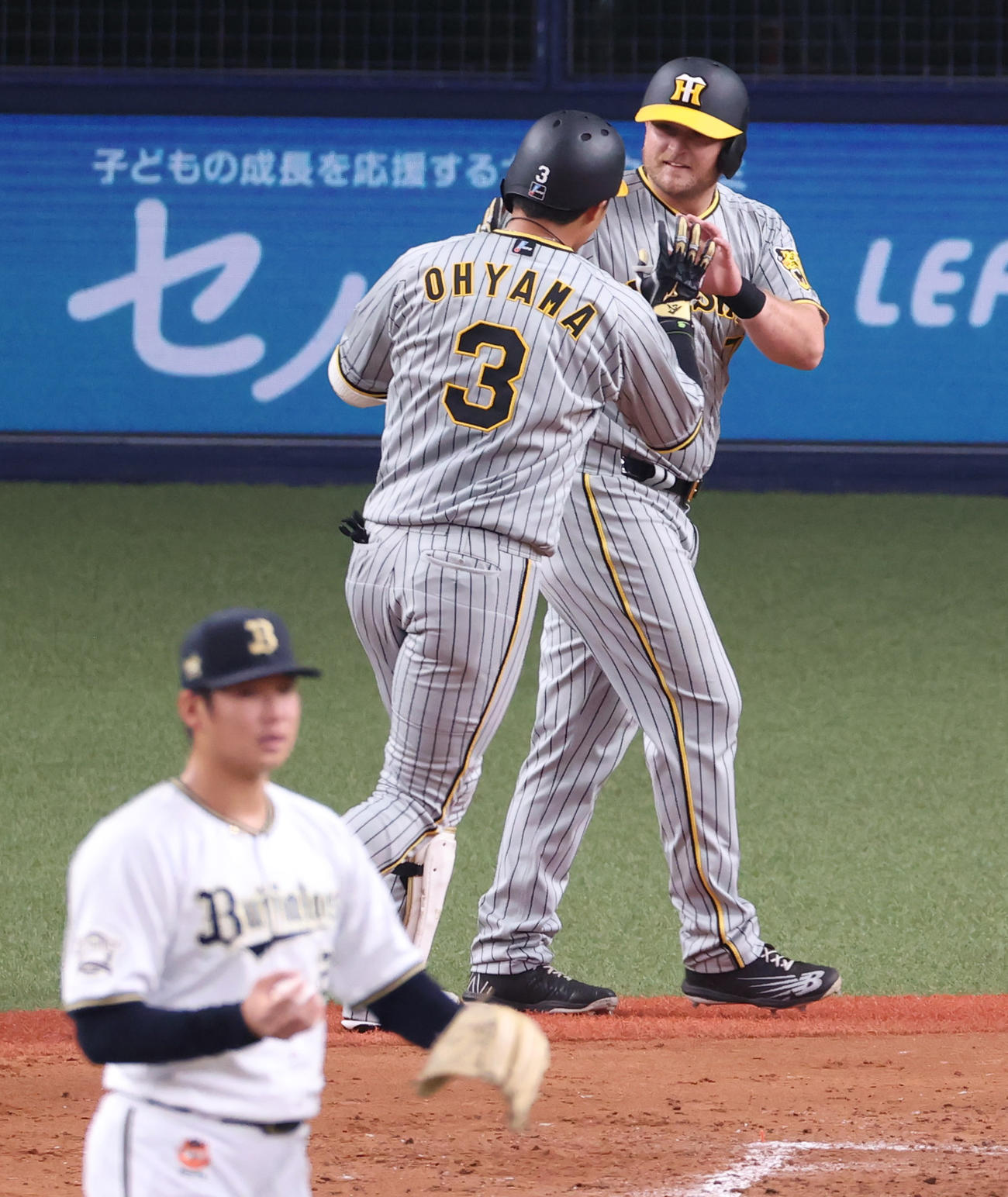 オリックス対阪神　4回表阪神1死一塁、左中間へ2点本塁打を放ち生還したノイジー（右）とタッチを交わす大山（撮影・清水貴仁）