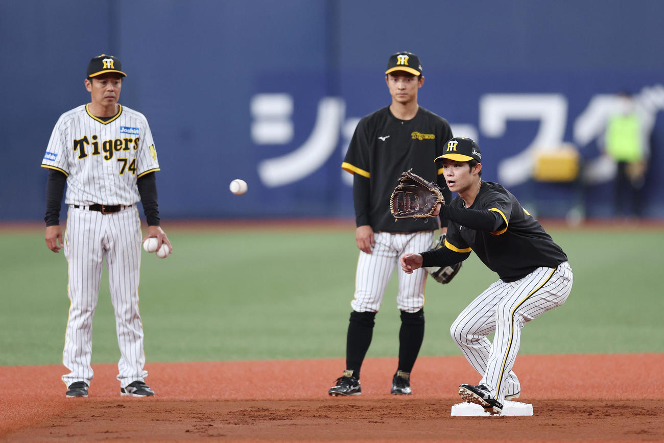 阪神対オリックス　チームに合流し、二塁でノックを受ける阪神中野。後方は熊谷、左は藤本コーチ（（撮影・前田充）