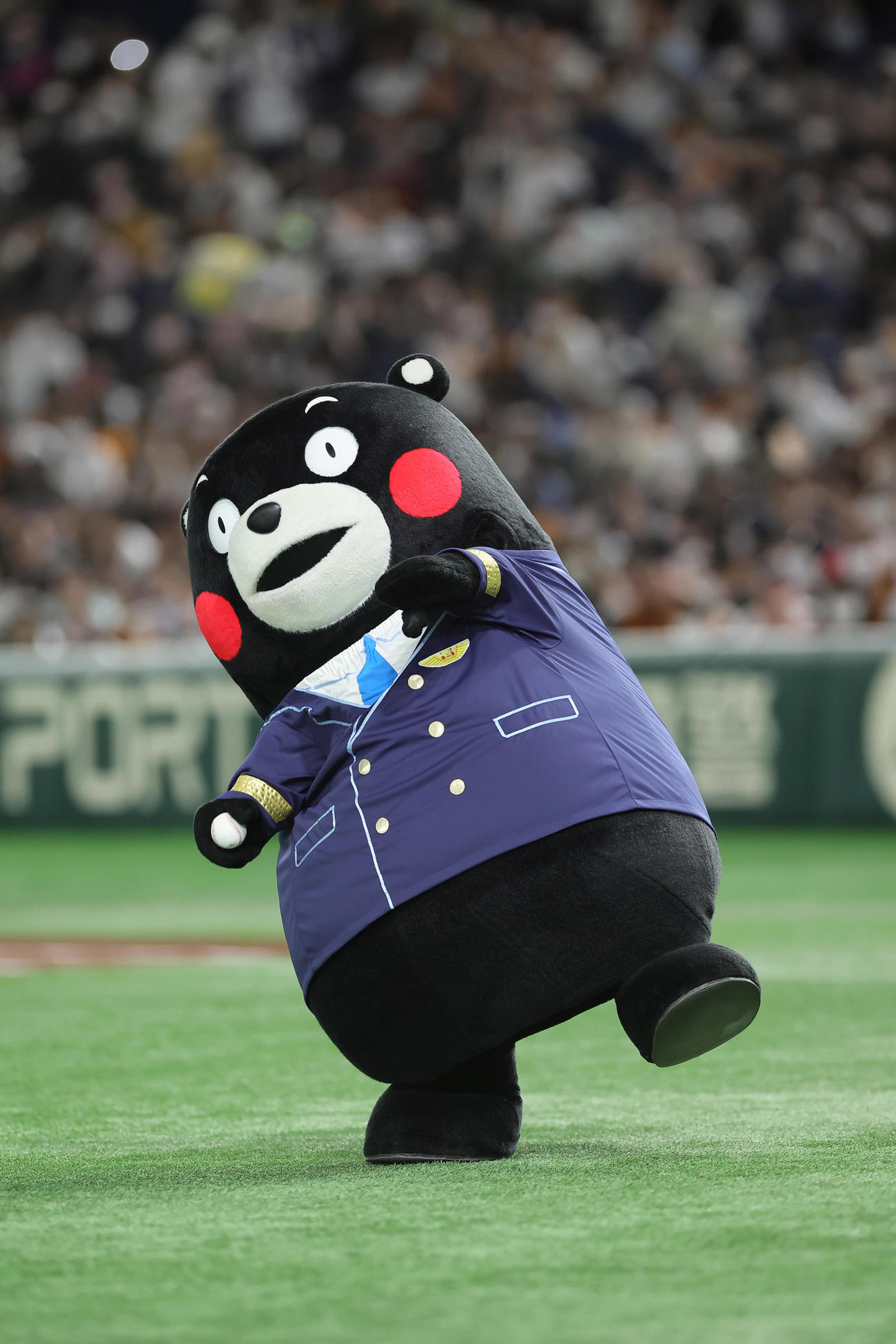 巨人対楽天　始球式を務めたくまモン（撮影・足立雅史）