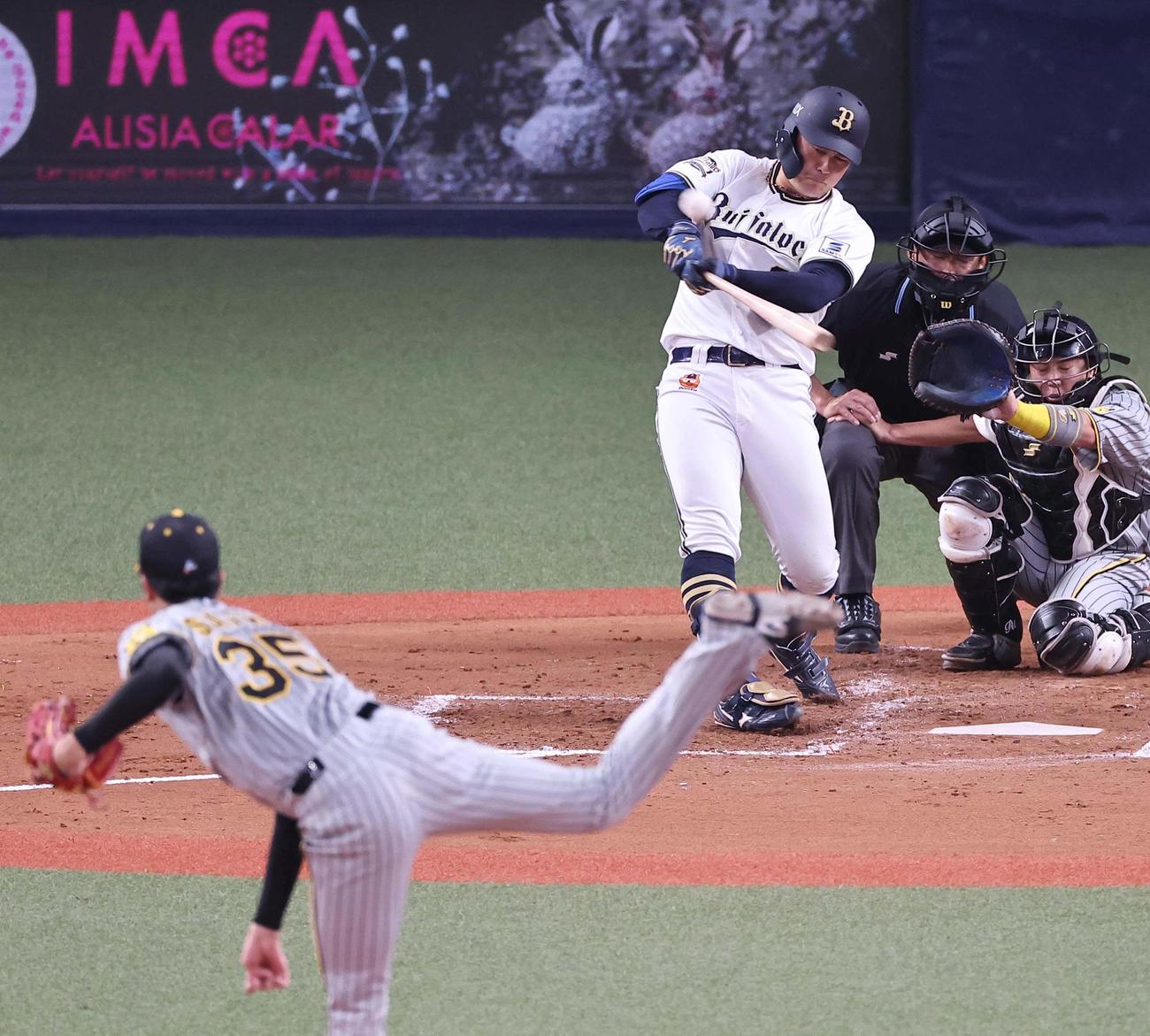 オリックス対阪神　3回裏オリックス1死、野口は右越えにソロ本塁打を放つ。投手才木（撮影・上田博志）