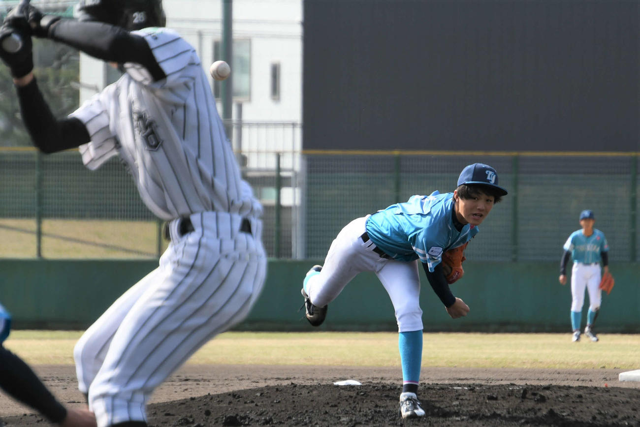 ヤングリーグ春季大会2回戦　つくばヤングBC対三田ヤング　つくばヤングBC先発の山口宗也は6回無失点（撮影・久我悟）