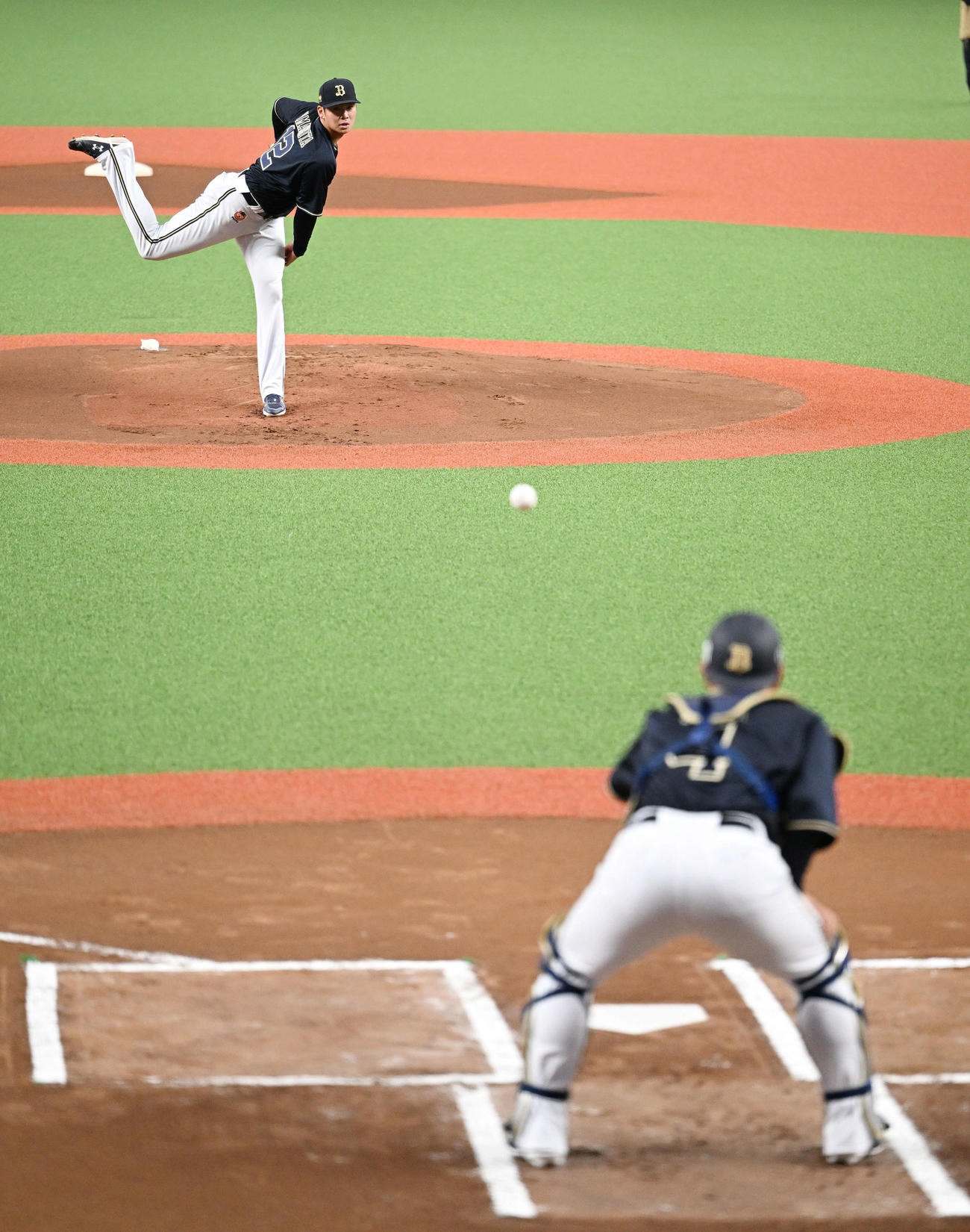 ベルーナドームのマウンドから投球練習するオリックス山下。捕手森（撮影・滝沢徹郎）