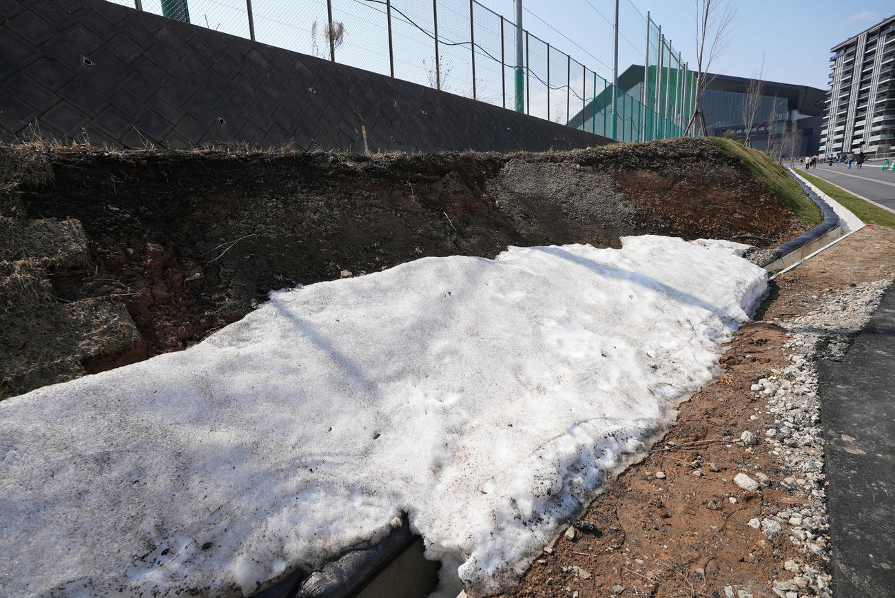 日本ハム対楽天　新球場に向かう道路脇には、まだ雪が残っていた（撮影・井上学）