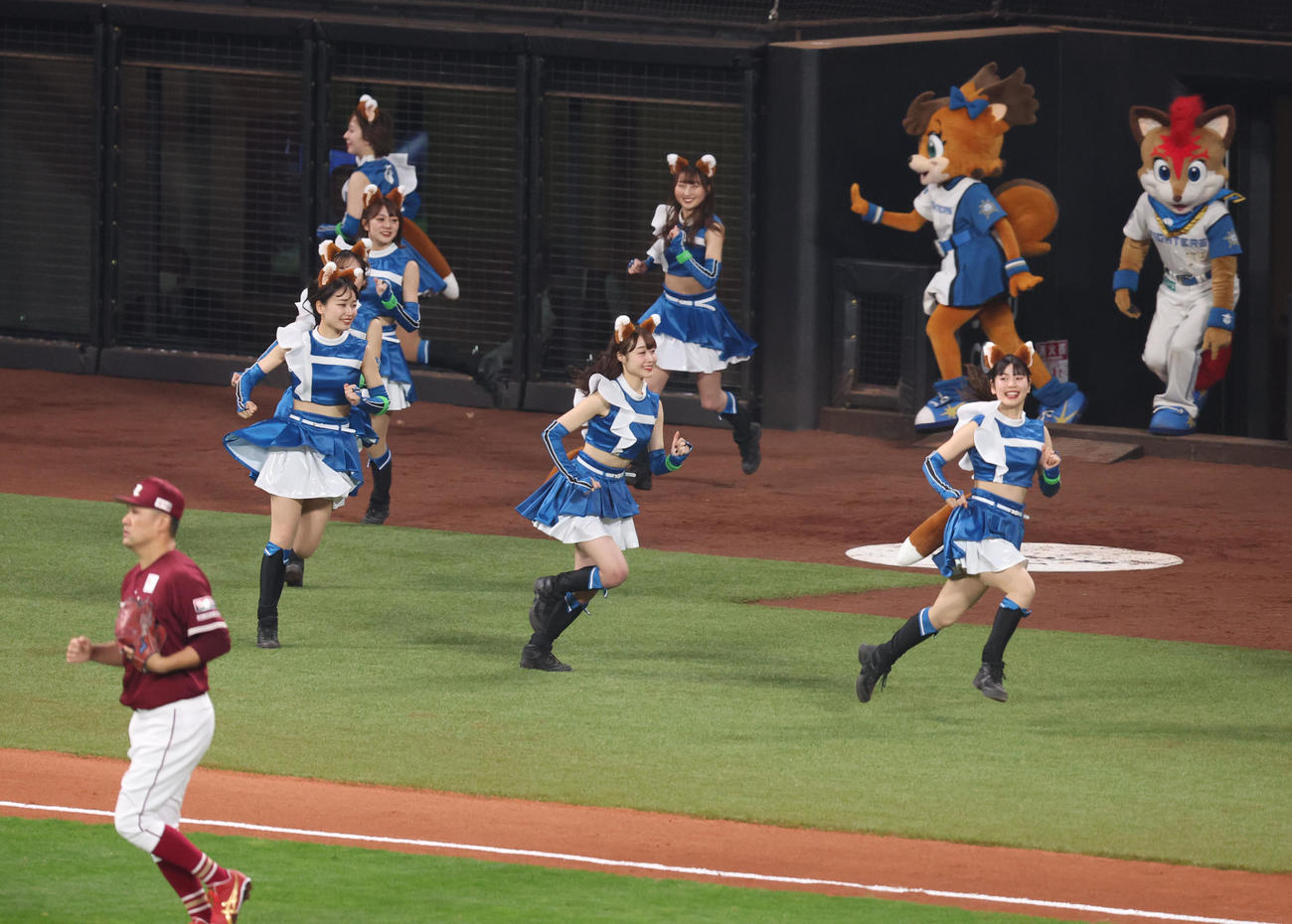 日本ハム対楽天　「きつねダンス」を披露するため勢いよく登場するファイターズガール（撮影・佐藤翔太）