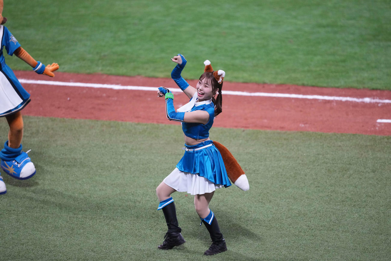 日本ハム対楽天　きつねダンスを躍るファイターズガール（撮影・井上学）