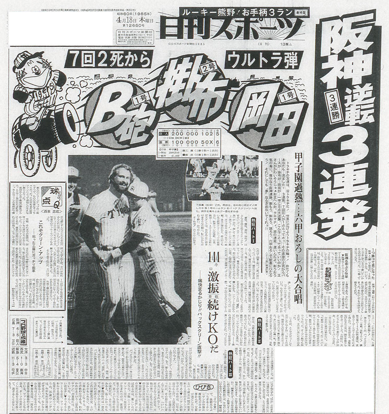 1985年4月18日付日刊スポーツ大阪版紙面