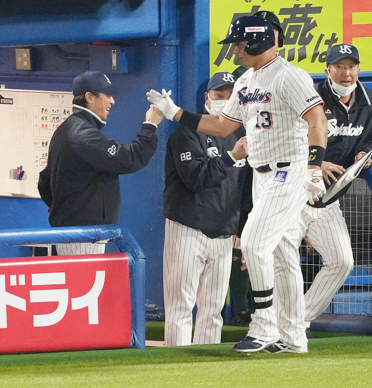 ヤクルト対広島　6回裏ヤクルト無死、中越えソロ本塁打を放ったオスナ（手前）を迎える高津監督（左）（撮影・鈴木みどり）