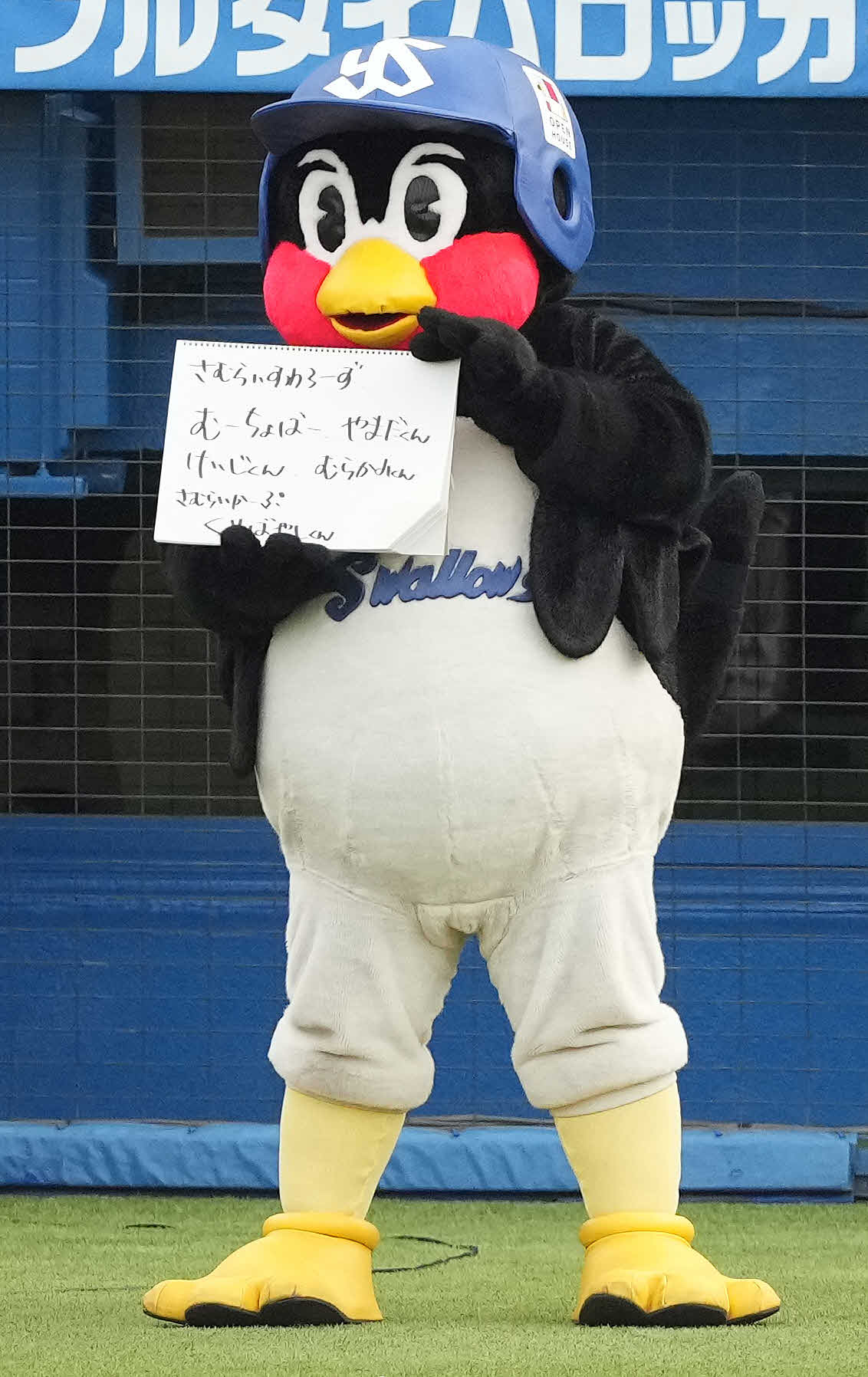 ヤクルト対広島　試合前、WBC侍ジャパンのメンバーを労うつば九郎（撮影・鈴木みどり）